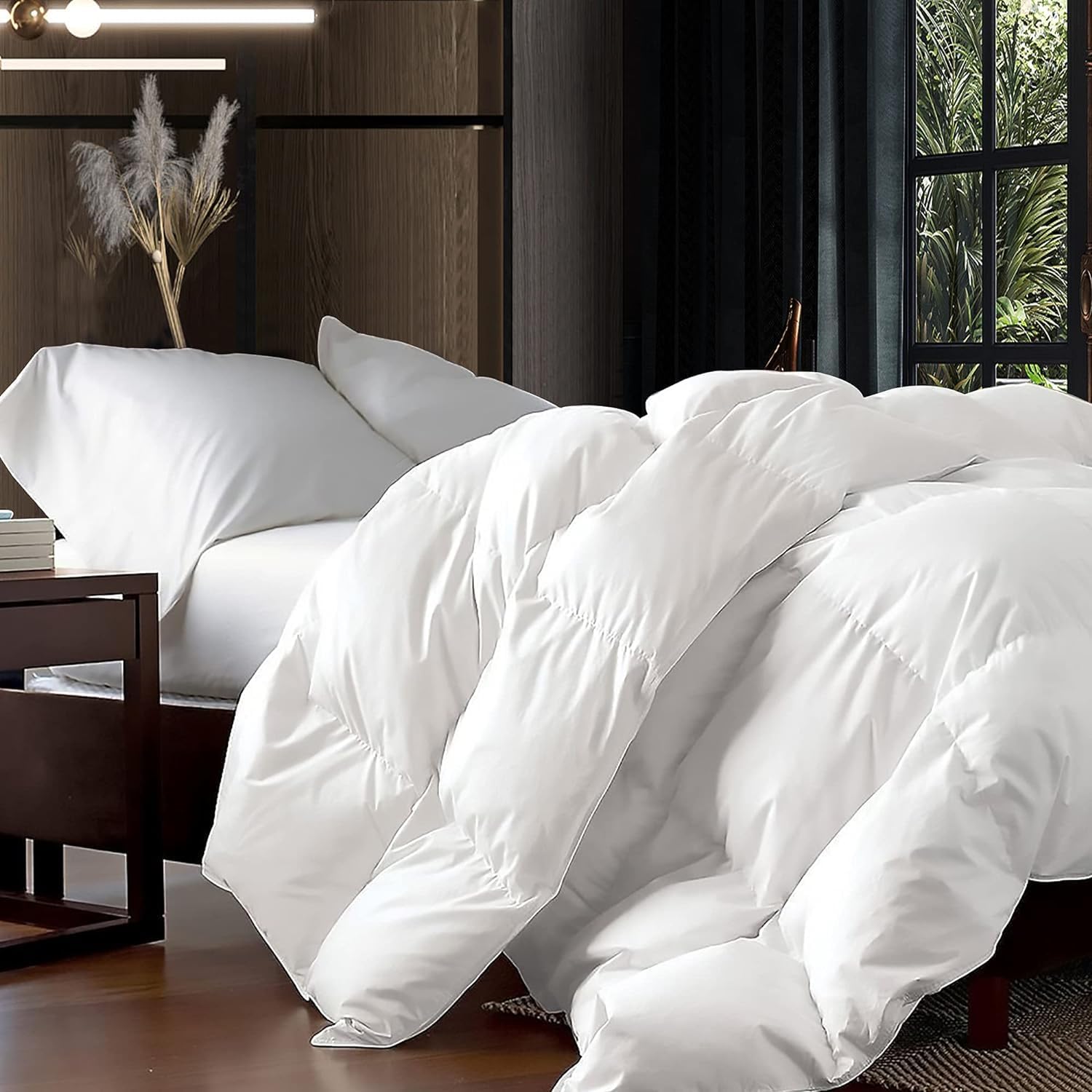 Luxurious Oversized Super King 120″ x 120″ Size Goose Down Fiber Waterfowl Feather Fiber Comforter Duvet, 100% Egyptian Cotton Cover, 90 oz. Fill Weight, Baffle Box Design, White Solid