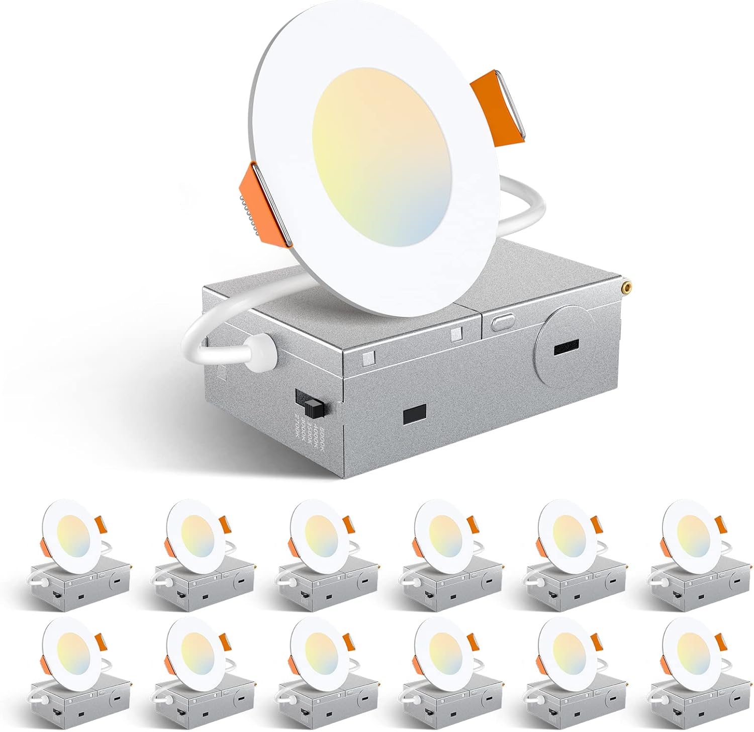 Amico 12 Pack 3 Inch 5CCT Ultra-Thin LED Recessed Ceiling Light with Junction Box, 2700K/3000K/3500K/4000K/5000K Selectable, 7W Eqv 60W, Dimmable Canless Wafer Downlight, 500LM High Brightness -ETL