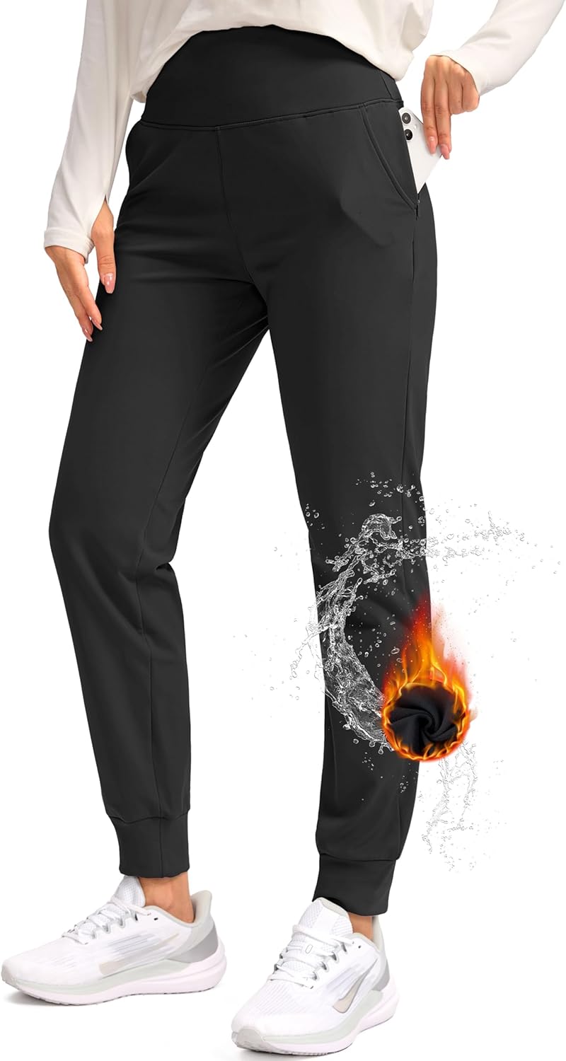 SANTINY Women’s Fleece Lined Joggers Water Resistant High Waisted Thermal Sweatpants Winter Pants Hiking Running Pockets