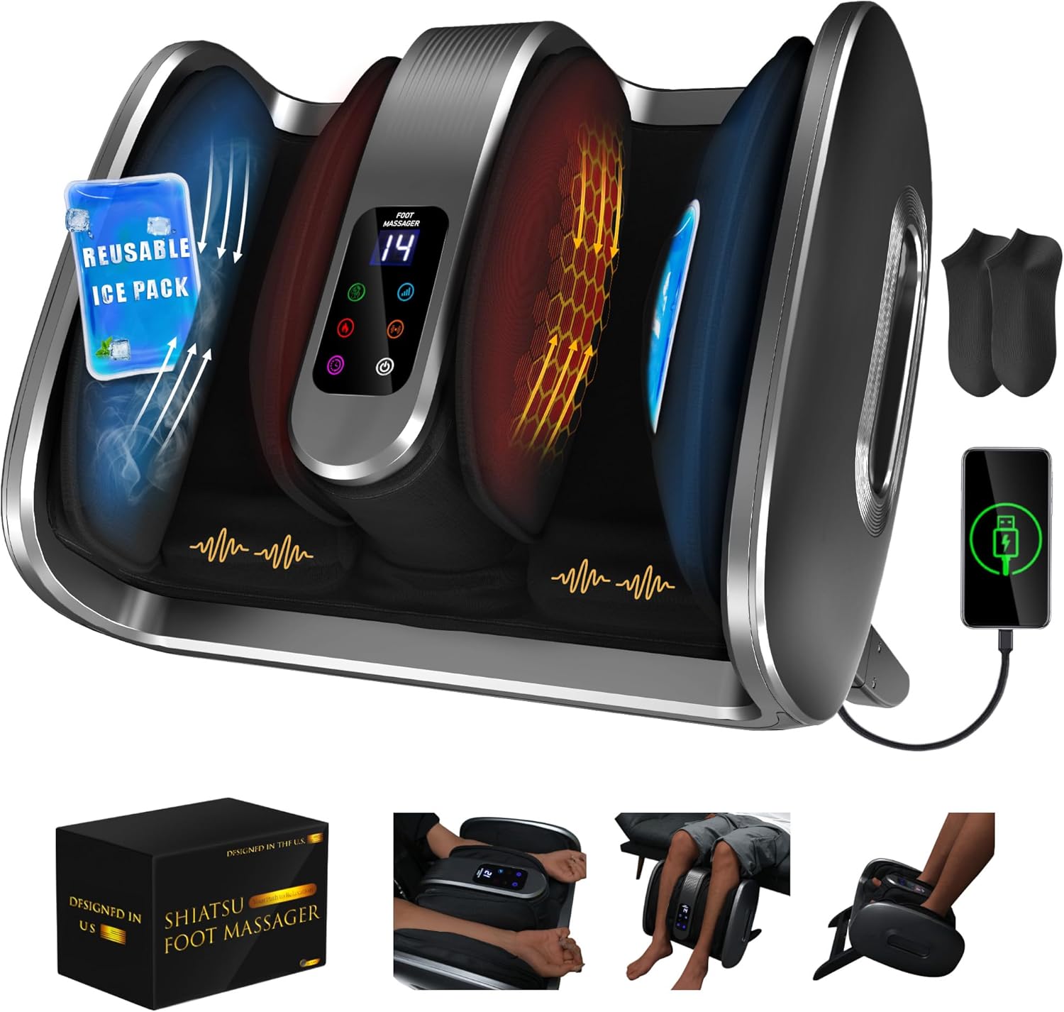 SUMELL Foot Massager with Heat & Ice Therapy-FSA HSA Eligible-Shiatsu Foot Massager for Neuropathy, Circulation, Plantar Fasciitis Pain Relief-Deep Kneading Rolling, Gel Packs+Footmuffs Offered-Gray
