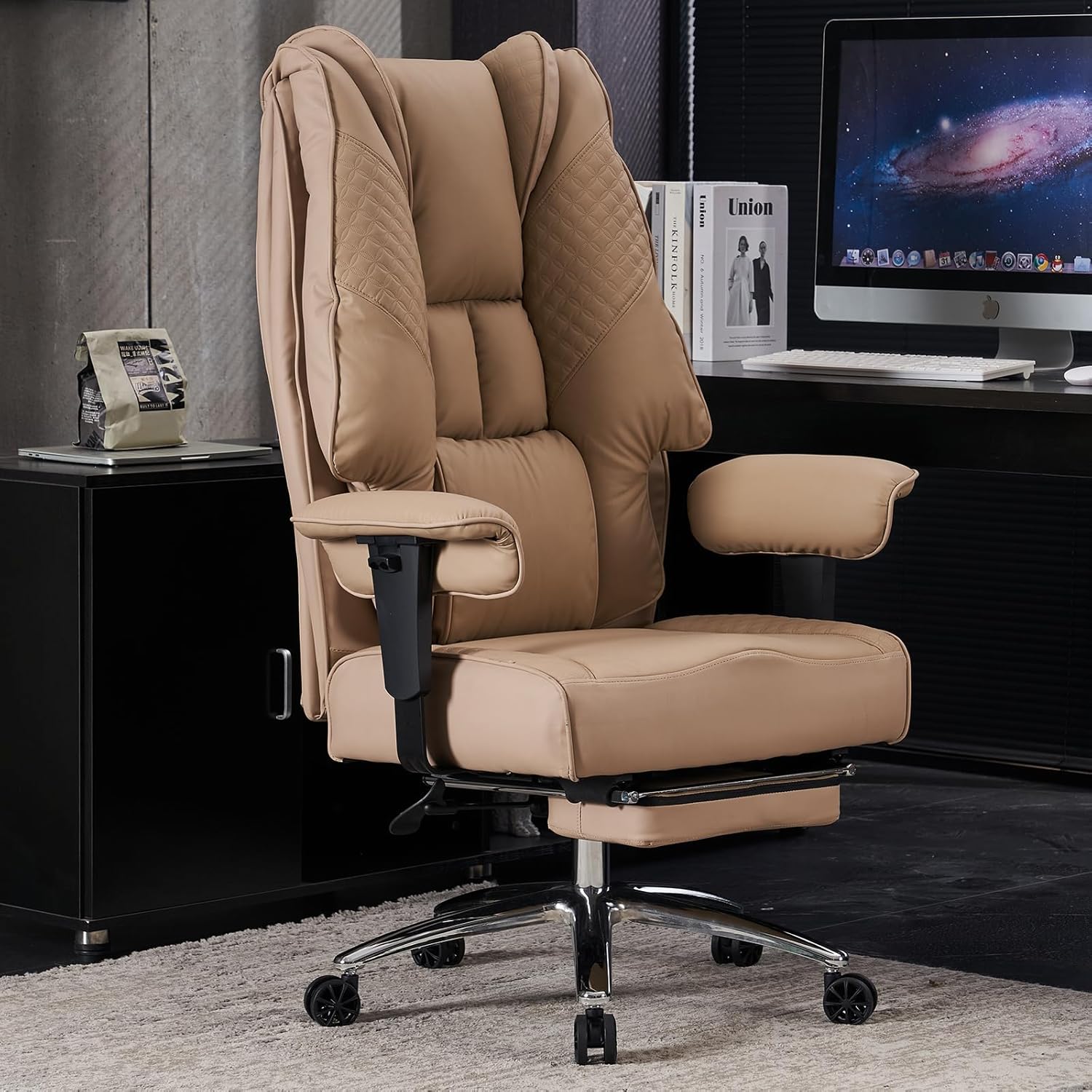 Big and Tall Office Chair 400lbs Wide Seat, Leather High Back Executive Office Chair with Foot Rest, Ergonomic Office Chair Lumbar Support for Lower Back Pain Relief (Brown)