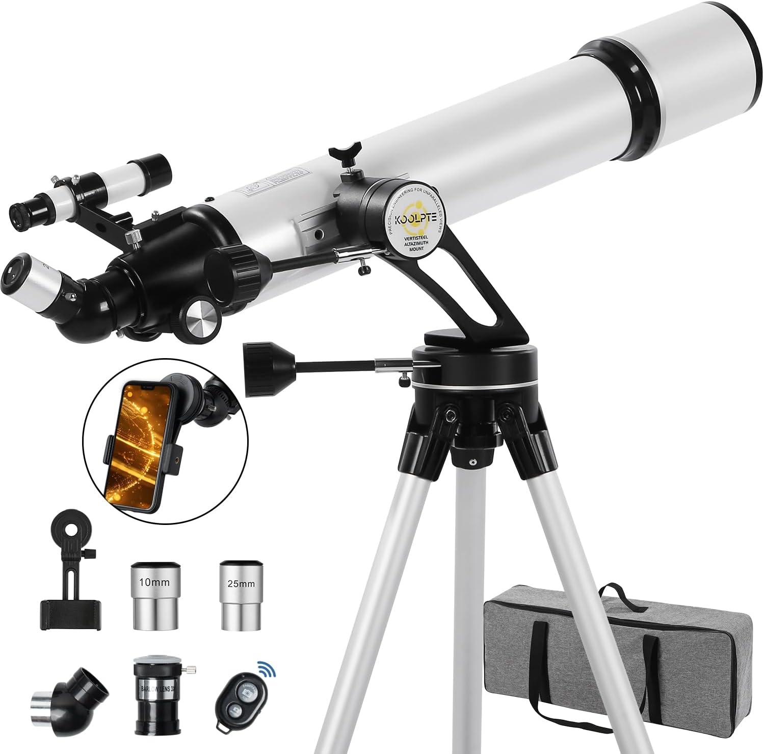 Telescope, 90mm Aperture 700mm – Vertisteel AZ Mounting Base, Highly Adjustable Telescopes, Ideal for Adults, Astronomers & Kids with Carrying Case, Wireless Remote, Phone Adapter (White)