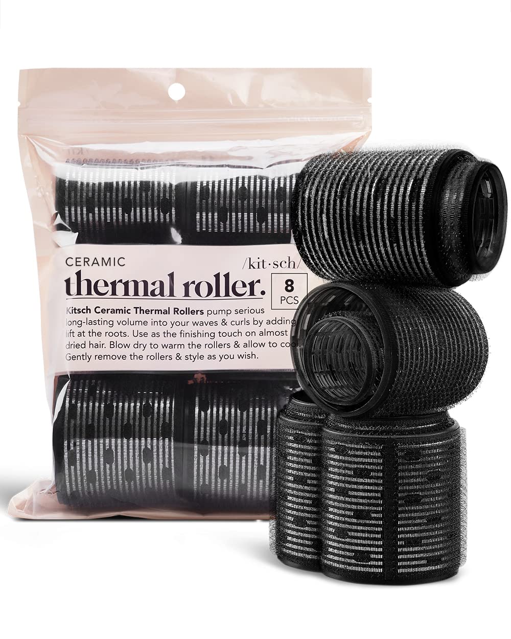 Kitsch Ceramic Thermal Rollers – Self Grip Hair Rollers for Blowout Look Long Hair, Curlers for Short Hair and Medium Hair, Volume Curls, Ceramic Coated Core, Easy to Use, All Hair Length – Black, 8pc