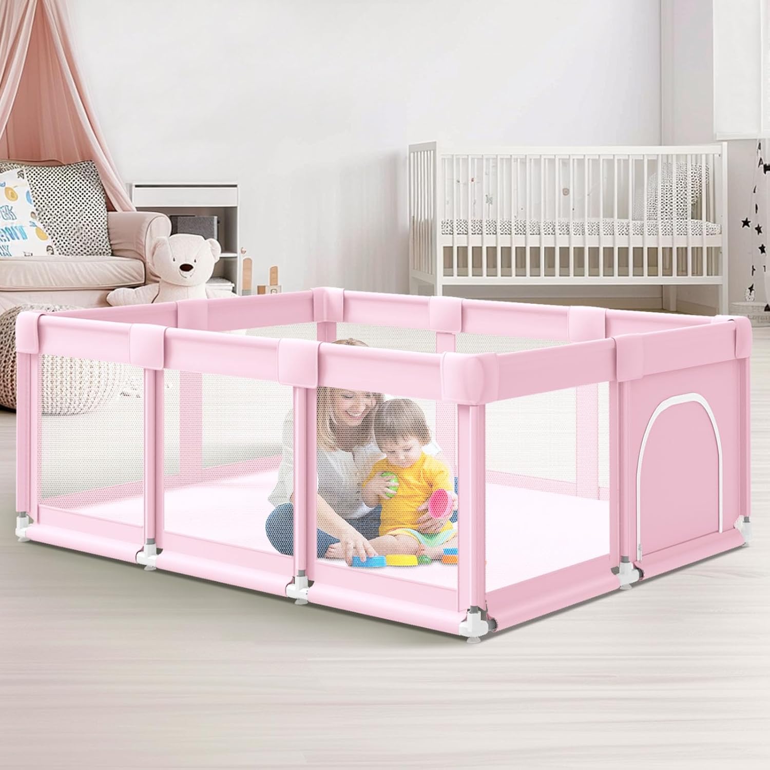 Baby Playpen 74 x 50 Inch Play Pens for Babies and Toddlers, Large Play Yards for Indoor & Outdoor with Zipper Gates, Breathable Mesh with Anti-Slip Base (Pink)