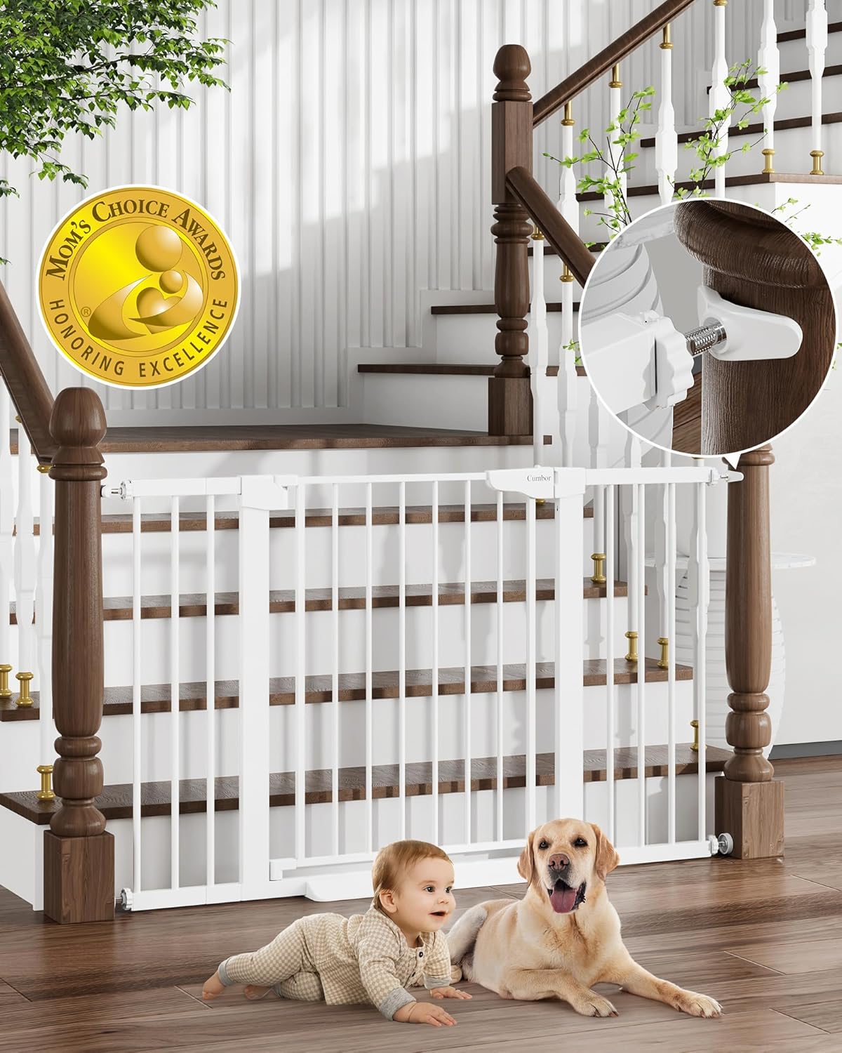 Cumbor 29.7-51.5″ Baby Gate Extra Wide, Safety Dog Gate for Stairs, Easy Walk Thru Auto Close Pet Gates for The House, Doorways, Child Gate Includes 4 Wall Cups,White, Mom’s Choice Awards Winner