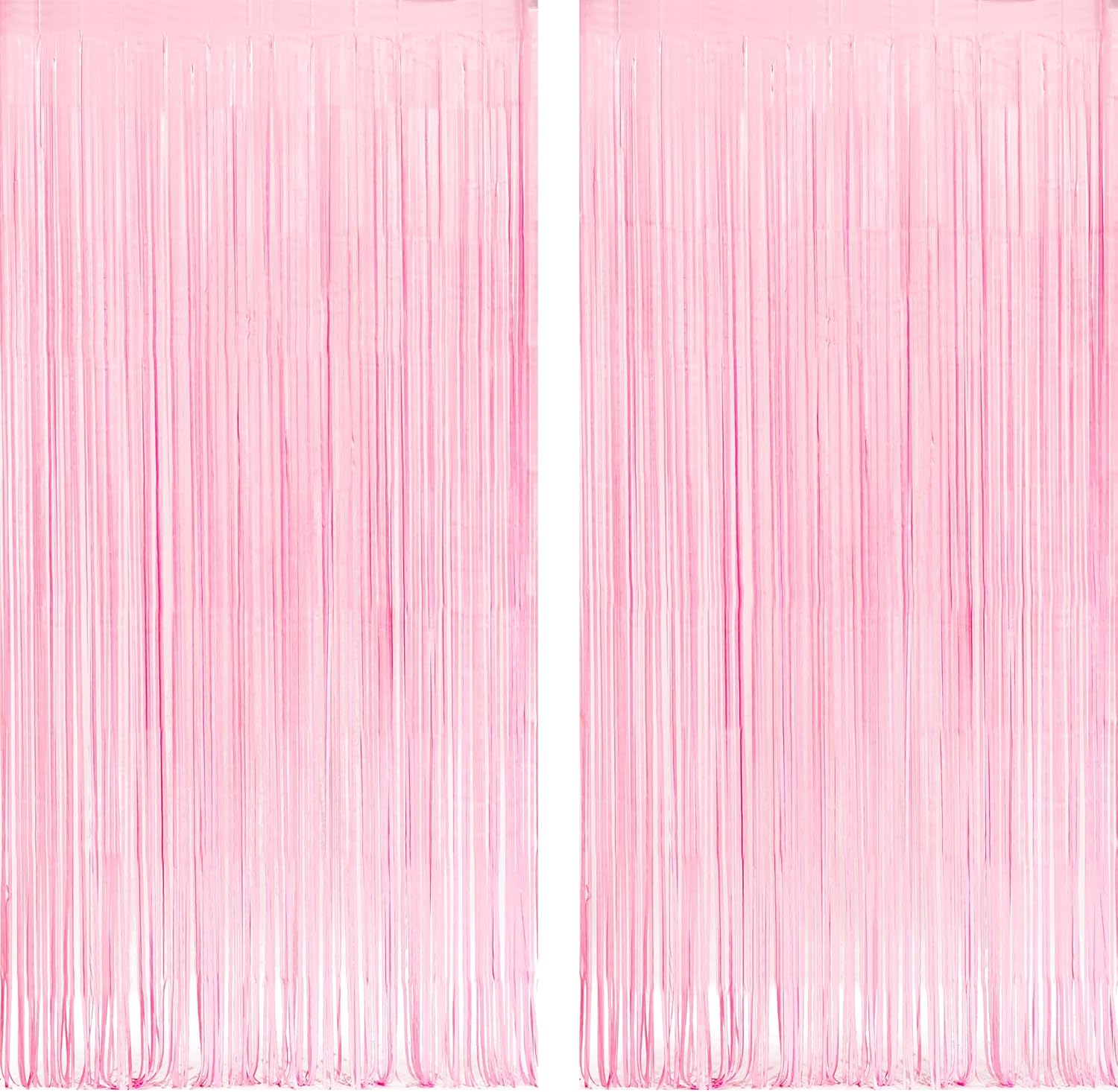 Pastel Pink Party Backdrop Decoration – GREATRIL Baby Pink Foil Fringe Streamers for Baby/Boo Day/Valentines/Cowgirl/Sweet/Cloud/Unicorn/Princess/Bow Themed – 3.2ft X 8.2ft – 2 Packs