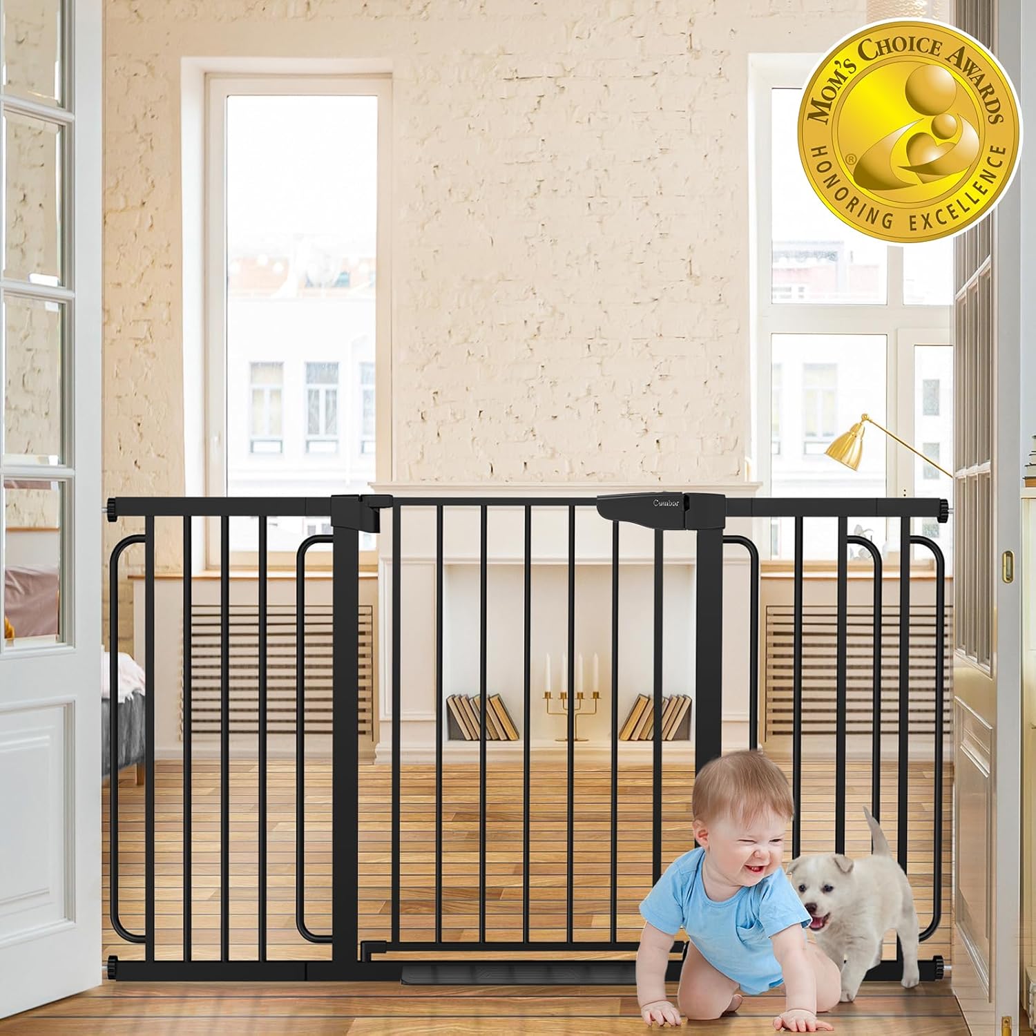 Cumbor 29.7-57″ Extra Wide Baby Gate for Stairs, Mom’s Choice Awards Winner-Dog Gate for Doorways, Pressure Mounted Walk Through Safety Child Gate for Kids Toddler, Tall Pet Puppy Fence Gate, Black