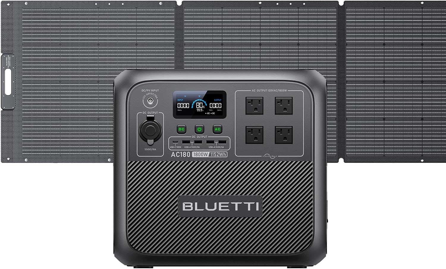 BLUETTI AC180 Solar Generator with 350W Solar Panel (Ships Separately), 1152Wh Portable Power Station w/ 4 1800W (2700W Surge) AC Outlets, LiFePO4 Emergency Power for Camping, Off-grid, Power Outage