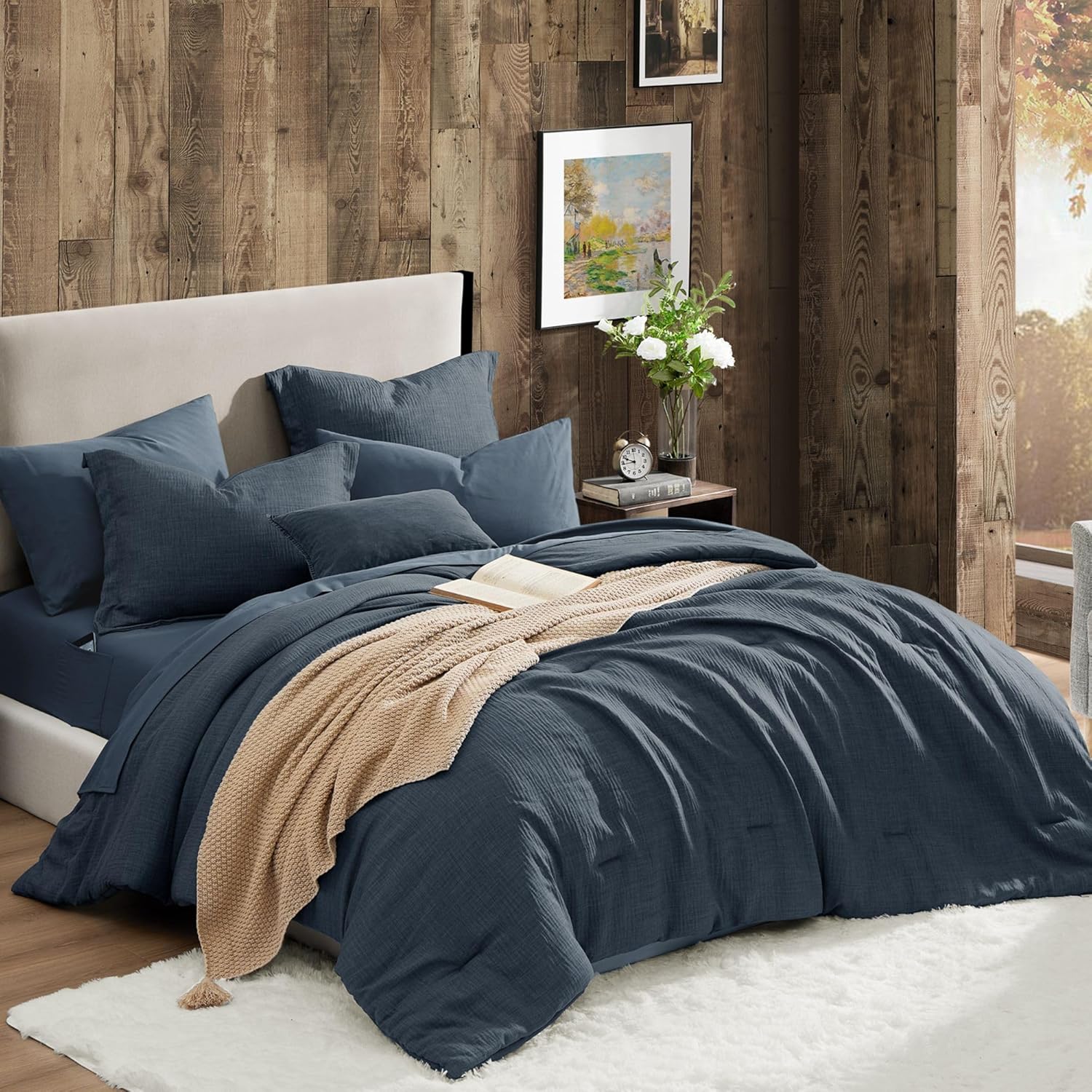 Geniospin Queen Comforter Set – 7 Pieces Comforter Queen Size, Soft Solid Bedding Set for All Season, Textured Bed in a Bag with Sheets, Pillowcases & Shams (Navy Blue, 90”x90”)
