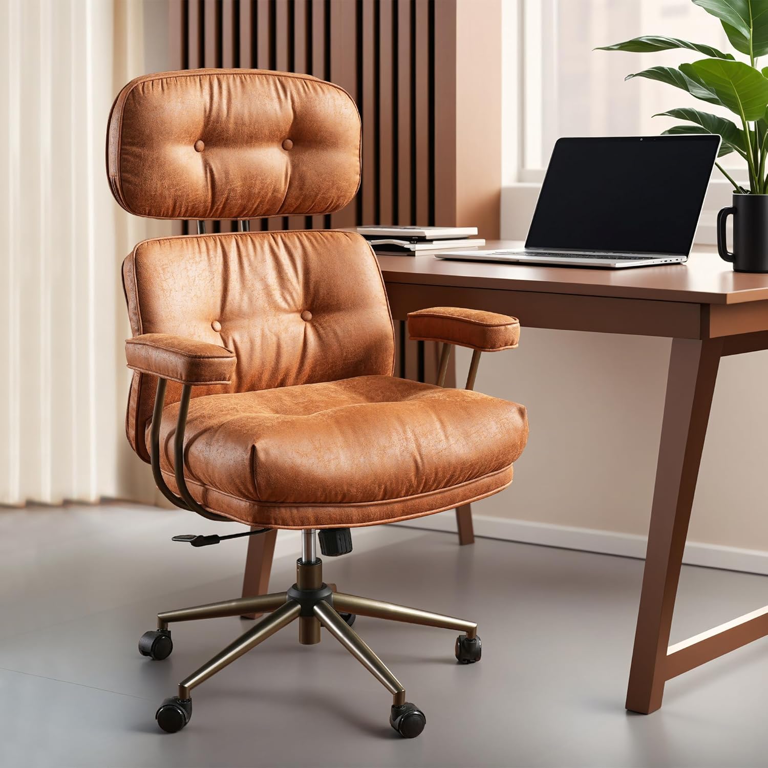 ovios Ergonomic Home Office Chair, Mid-Century Modern Leather Chair with Lumbar Support, High Back Swivel Rolling Executive Chair with Comfy Thick Cushion (Brown, Suede Leather)