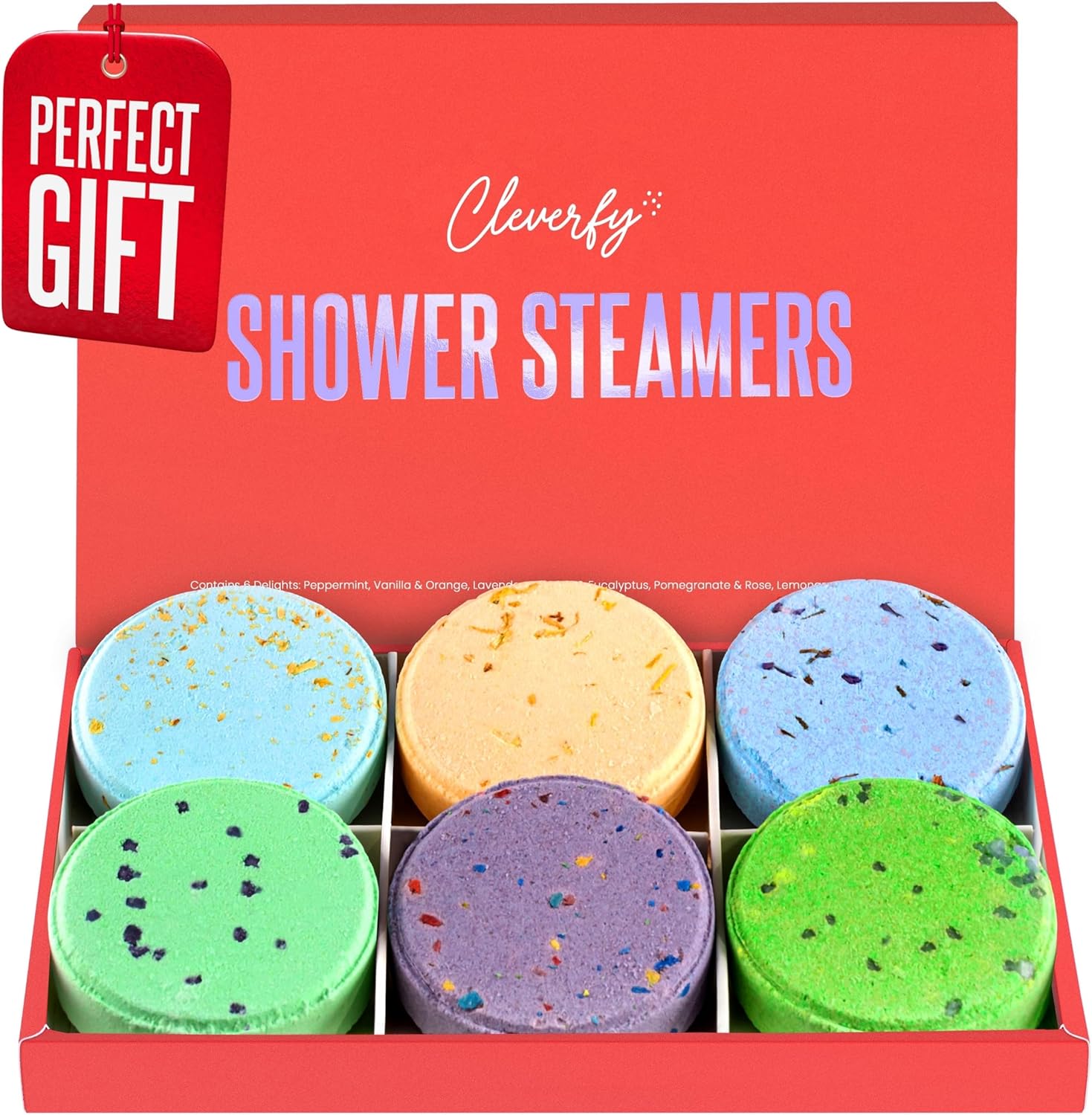 Cleverfy Shower Steamers Aromatherapy – Variety Pack of 6 Shower Bombs with Essential Oils. Self Care Birthday Gifts for Women and Valentines Day Gifts for Her and Him. Red Set