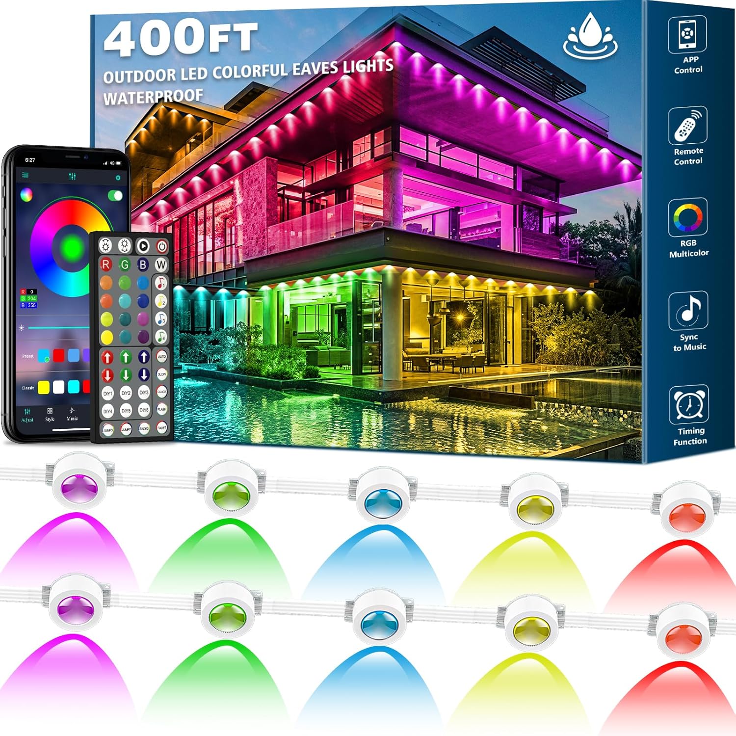 SINLEY 400FT Permanent Outdoor Lights,RGB Eaves Lights with App Control Remote,DIY Scene Modes IP67 Waterproof Outdoor Under Eave Lighting