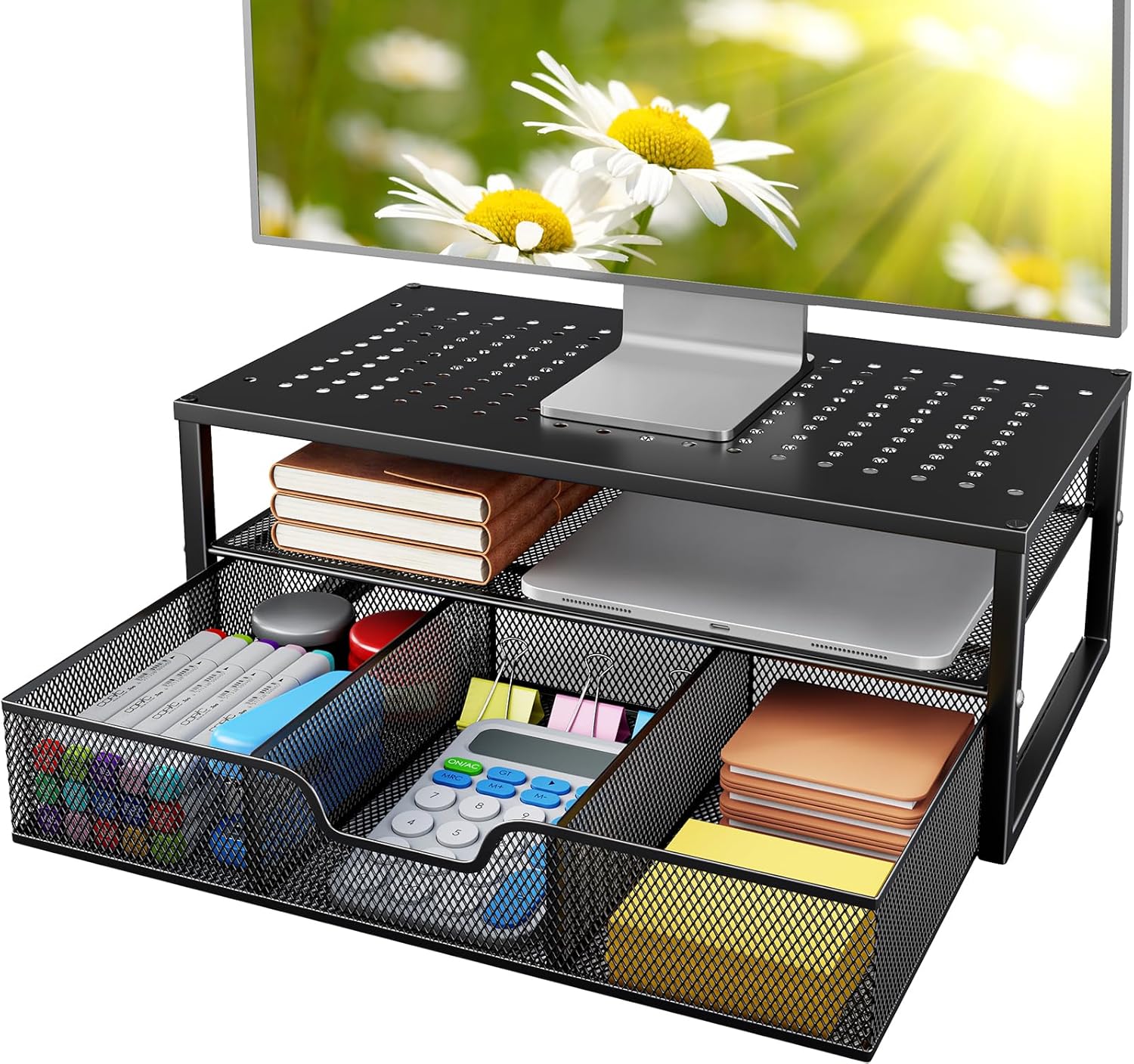 HUANUO 2 Tier Monitor Stand, Metal Monitor Riser with Storage, Computer Desk Organizer with Drawer for Laptop, Computer, PC, Black