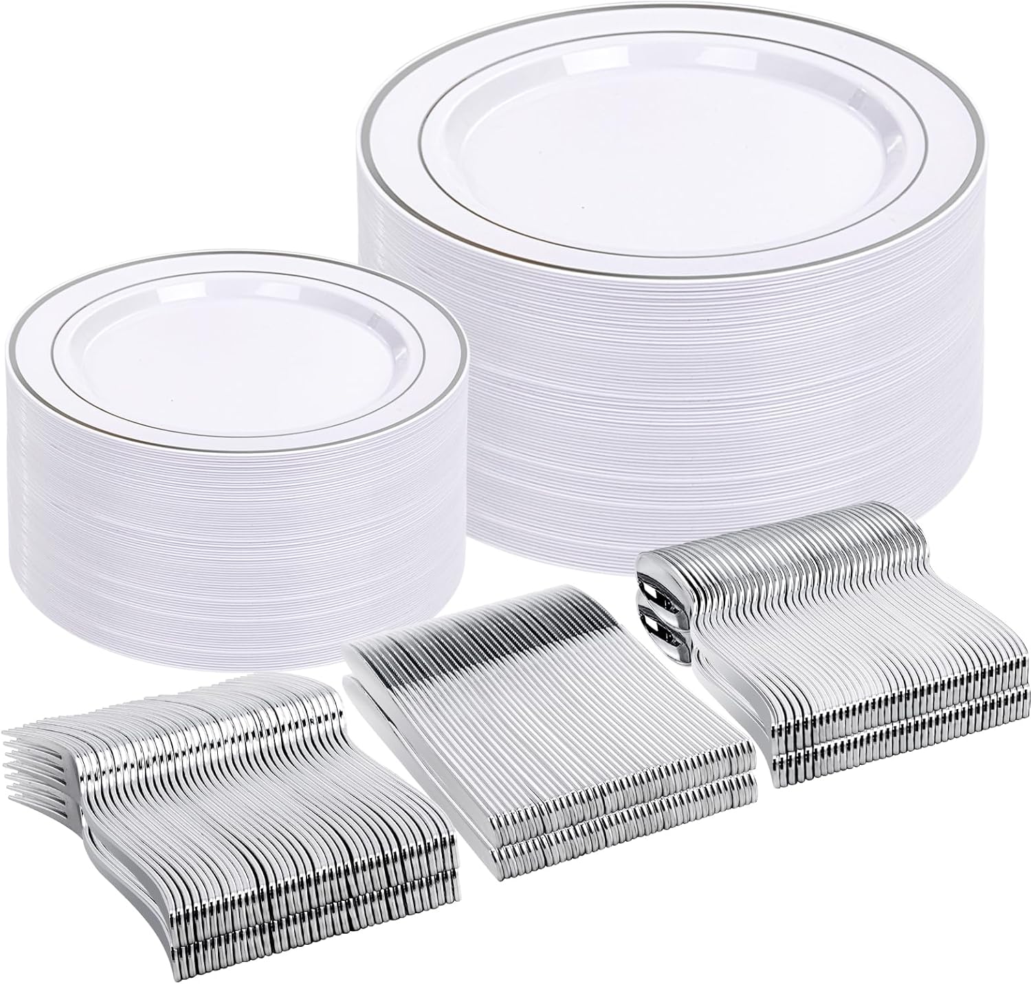 DaYammi 500pcs Silver Plastic Dinnerware Sets, Includes: 100 Silver Rim Dinner Plates, 100 Salad Plates, 100 Silver Plastic Silverware Set, Perfect Fancy Disposable Plates for Party and Wedding