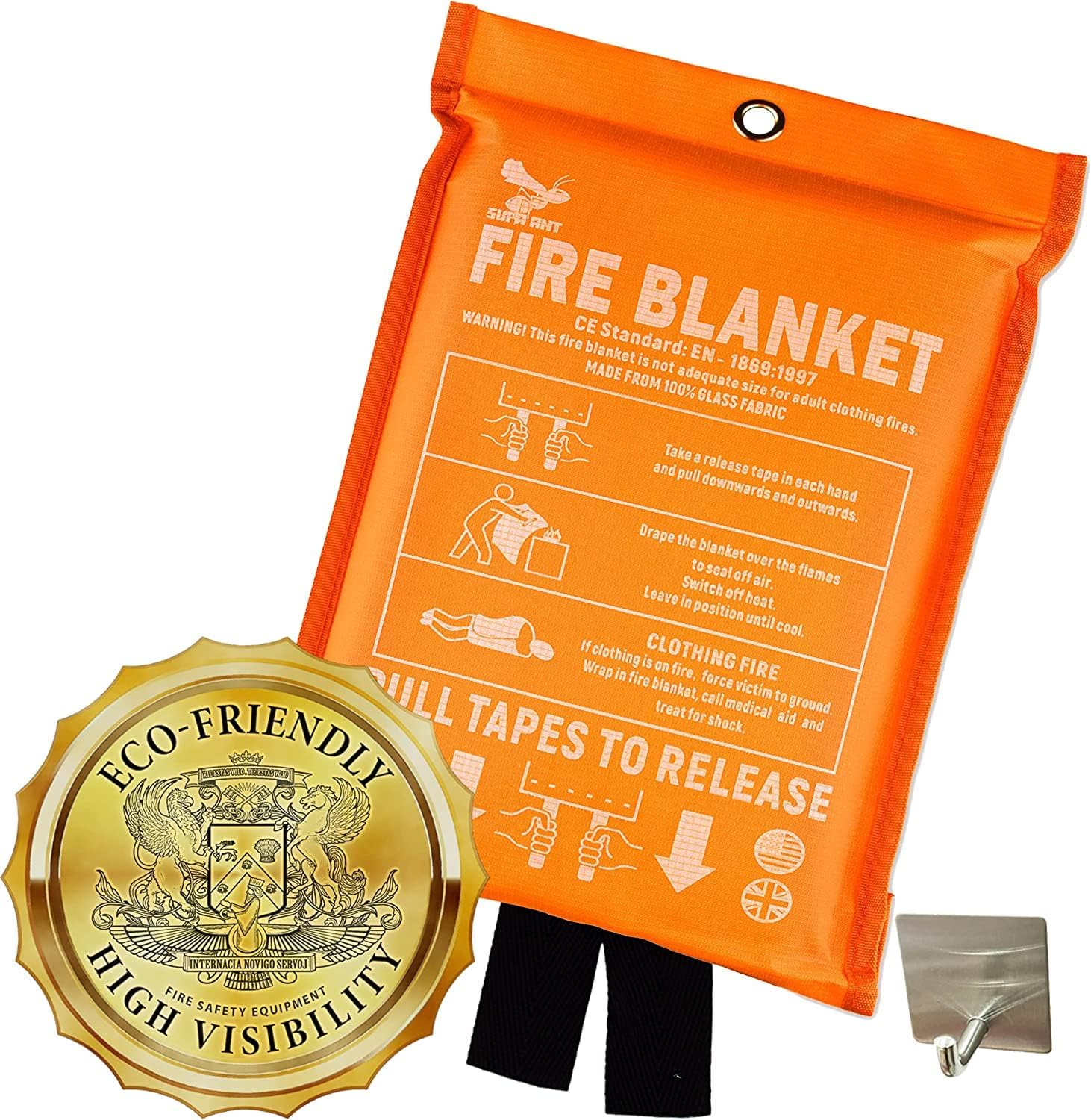 Supa Ant Emergency Fire Blanket for Home and Kitchen – 1 Pack 1500F High Visibility (Glow in The Dark) Smother Kitchen Fire Blanket – CE Certified Hero Fire Blankets Emergency for Home (59in)