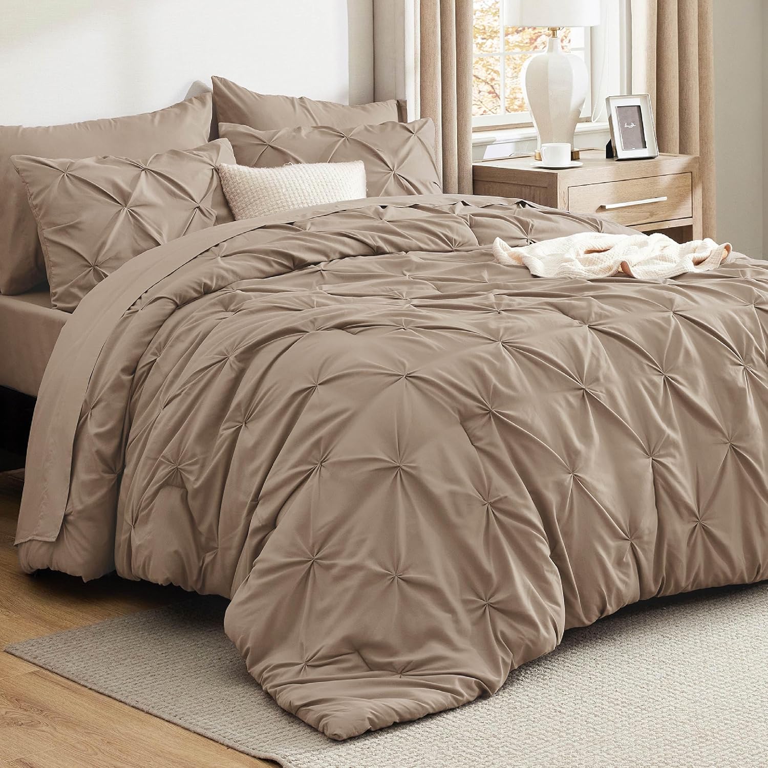 Bedsure Twin Comforter Set Khaki – Bed in a Bag Twin Size 5 Pieces, Pintuck Bed Set Gift for Family, Pinch Pleat Khaki Comforter with Sheets, Pillowcase & Sham