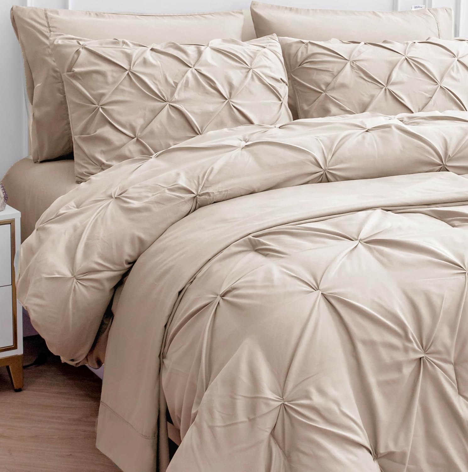 LANE LINEN Cal King Size Comforter Set – 7 Pieces California King Size Bed in A Bag, King Bedding Sets with Comforters, Sheets, Pillowcases & Shams, Bedding Set – Beige