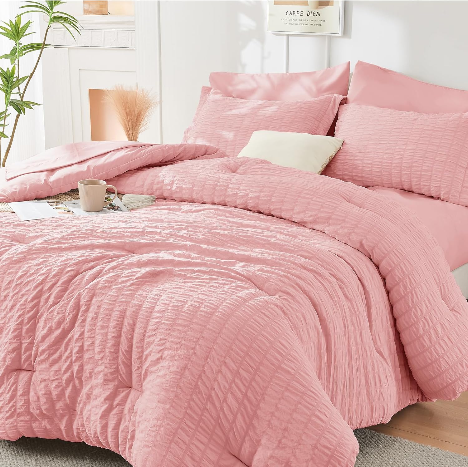 HYMOKEGE Pink King Size Comforter Set Seersucker 7 Pieces, All Season Luxury Bed in a Bag for Bedroom, Bedding Set with Comforters, Sheets, Pillowcases & Shams