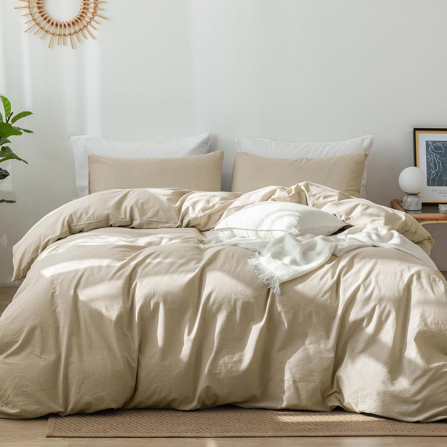 MooMee Bedding Duvet Cover Set 100% Washed Cotton Linen Like Textured Breathable Durable Soft Comfy (Almond Milk Grey, Oversized King)