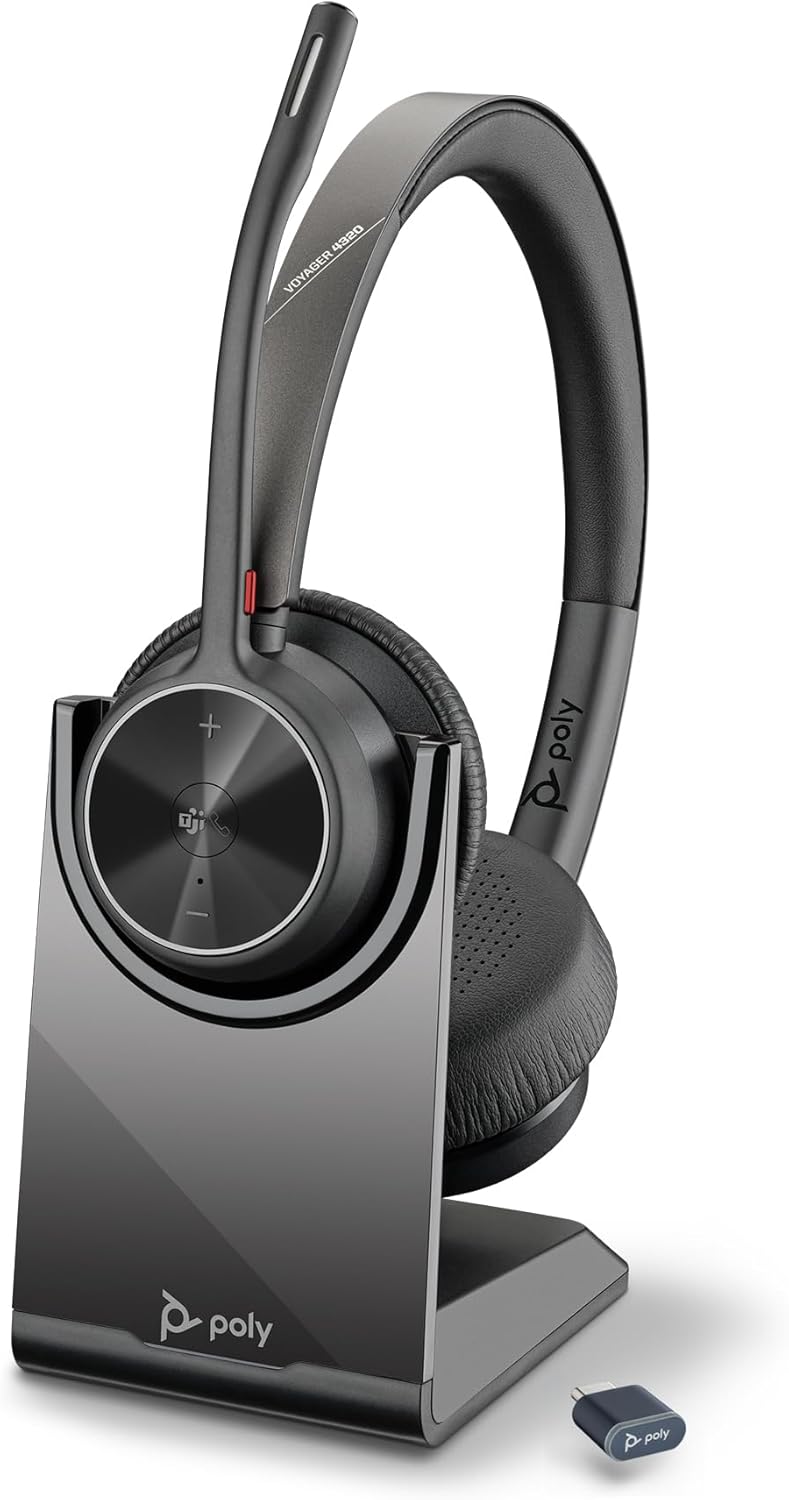 Poly Voyager 4320 UC Wireless Headset & Charge Stand (Plantronics) – Stereo Headphones w/Noise-Canceling Boom Mic – Connect PC/Mac/Mobile via Bluetooth-Works w/Teams (Certified), Zoom-Amazon Exclusive