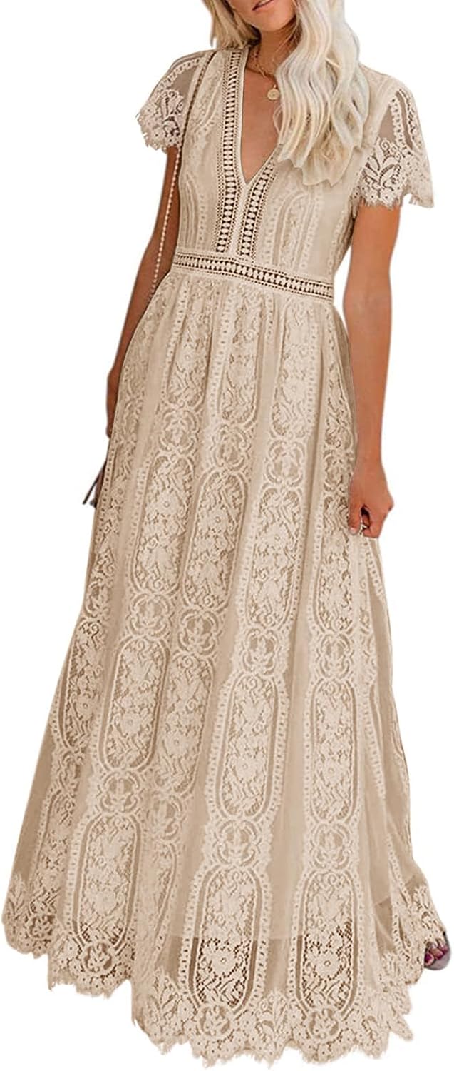 MEROKEETY Women’s V Neck Short Sleeve Floral Lace Wedding Dress Bridesmaid Cocktail Party Maxi Dress
