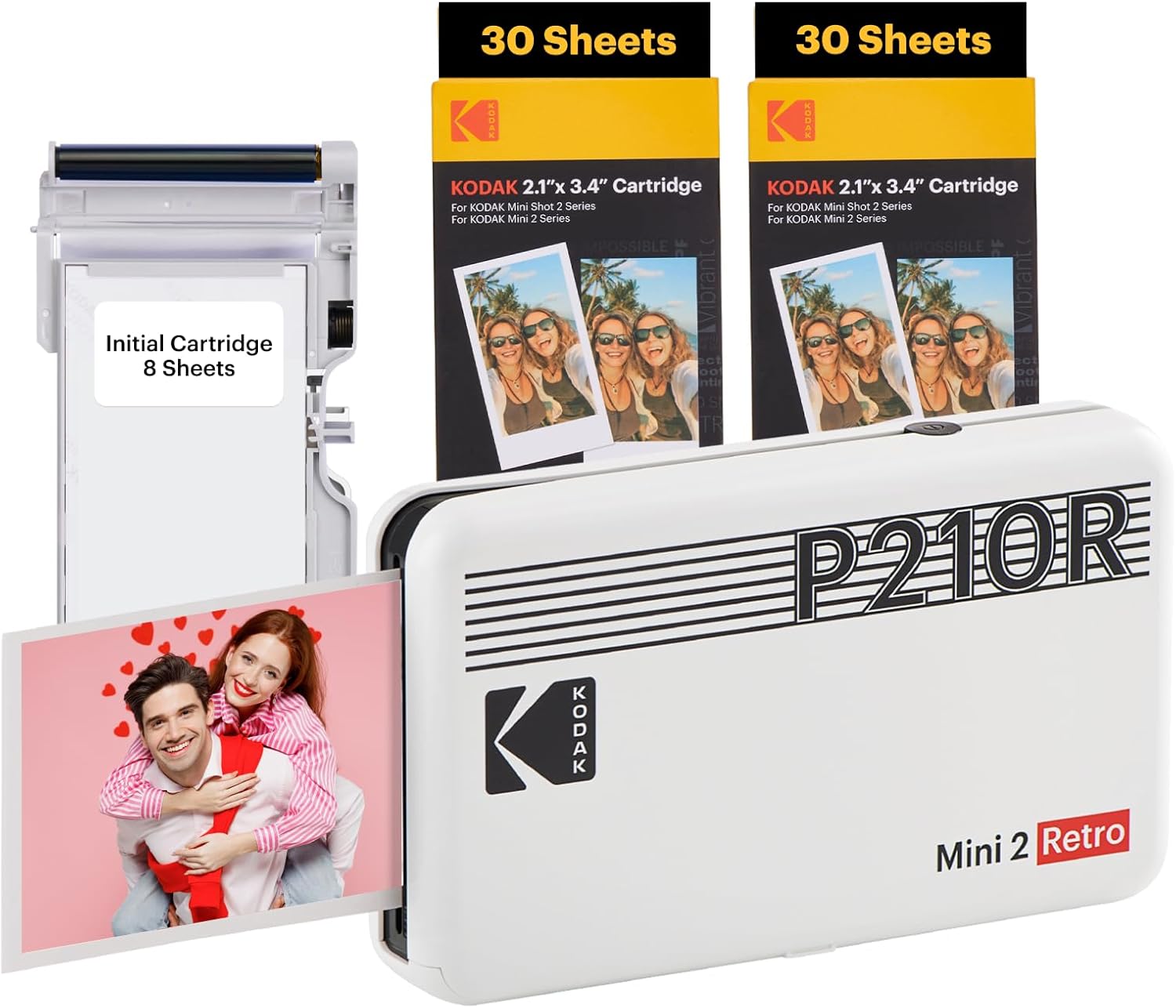KODAK Mini 2 Retro 4PASS Portable Photo Printer (2.1×3.4 inches) Initial 8 Sheets + 60 Sheets Bundle, White