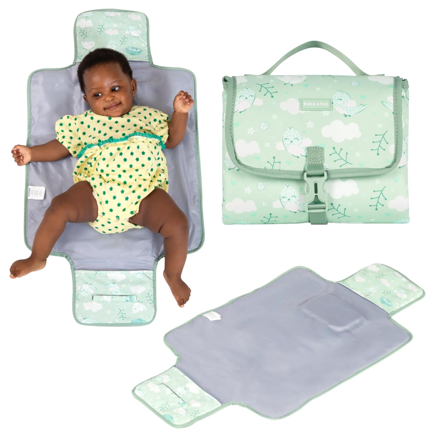 BabbleRoo Baby Changing Pad – Comfortable Portable Changing Pad, Compact, Fits in Any Diaper Bag – Lightweight and Soft with Cute Designs, Convenient Pockets, Extra Head Support – Sage Green Birdy