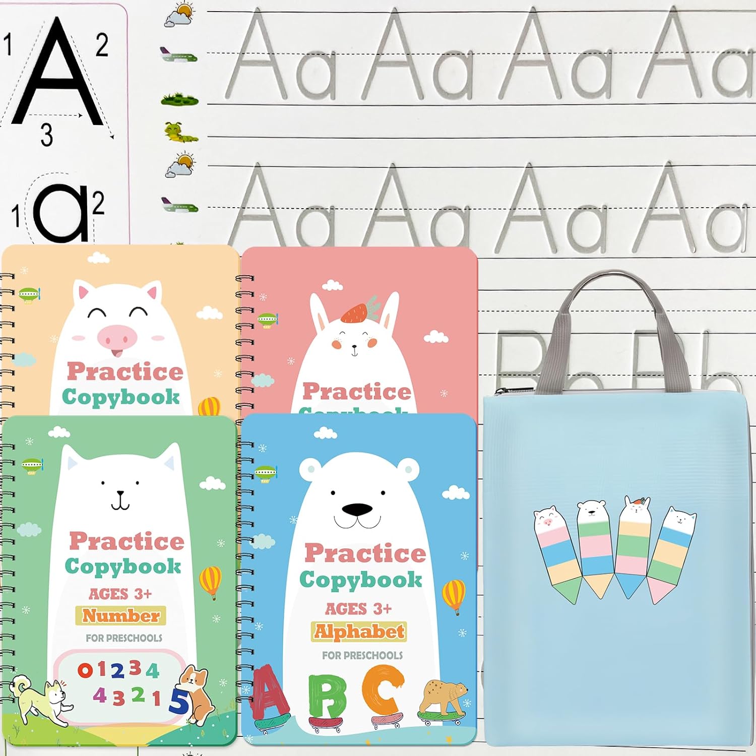 Reusable Grooved Handwriting Practice Workbook,Magic Practice Copybook,Reusable Writing Practice Book, for Preschool Kids Age 3-8 Calligraphy (Blue Bag, 10.3inx7.3in)