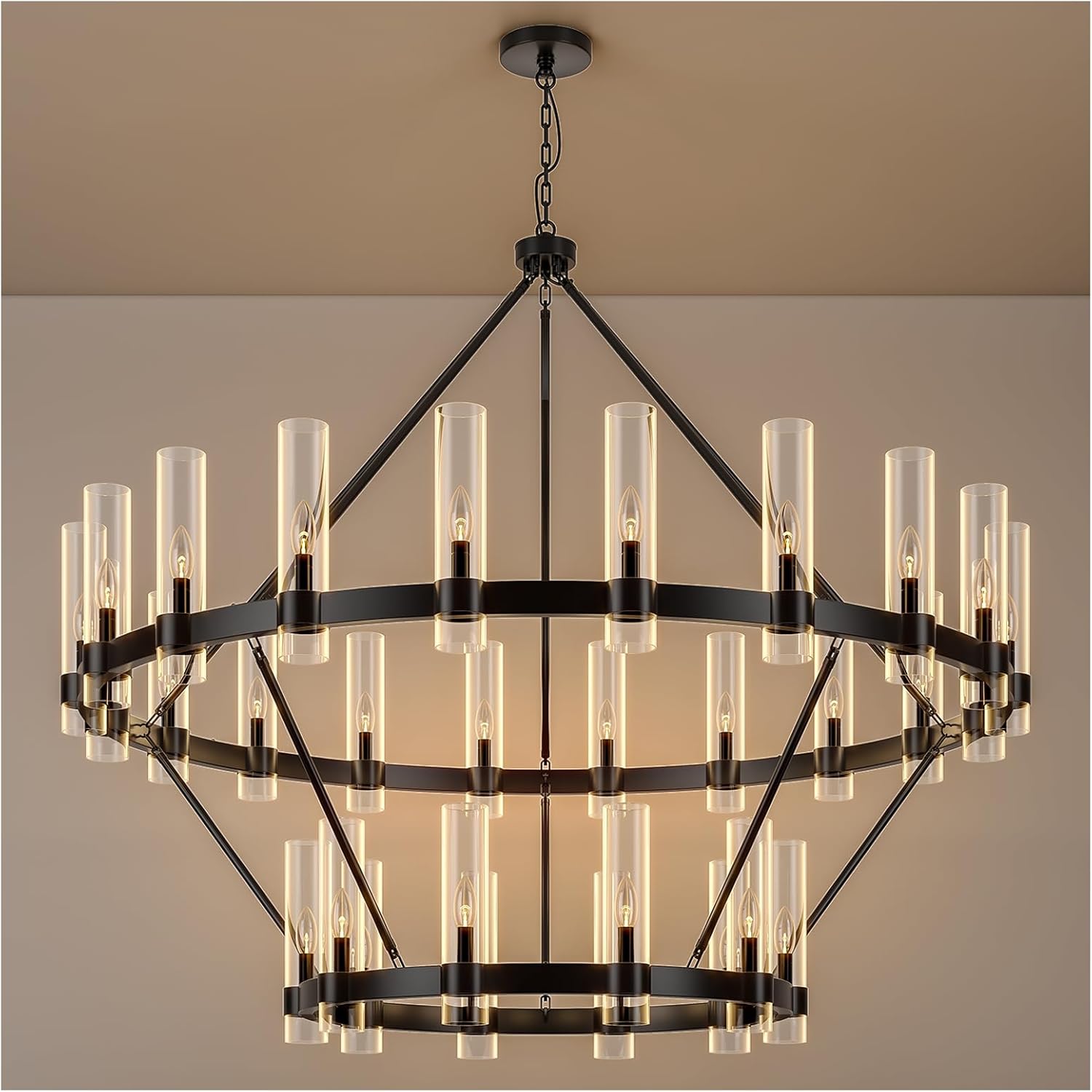 30-Lights Black Wagon Wheel Chandelier Modern Farmhouse with Glass Shade, 60 Inch Large Round Industrial High Ceilings Pendant Lighting Fixture for Dining Living Room, Kitchen Island, Foyer