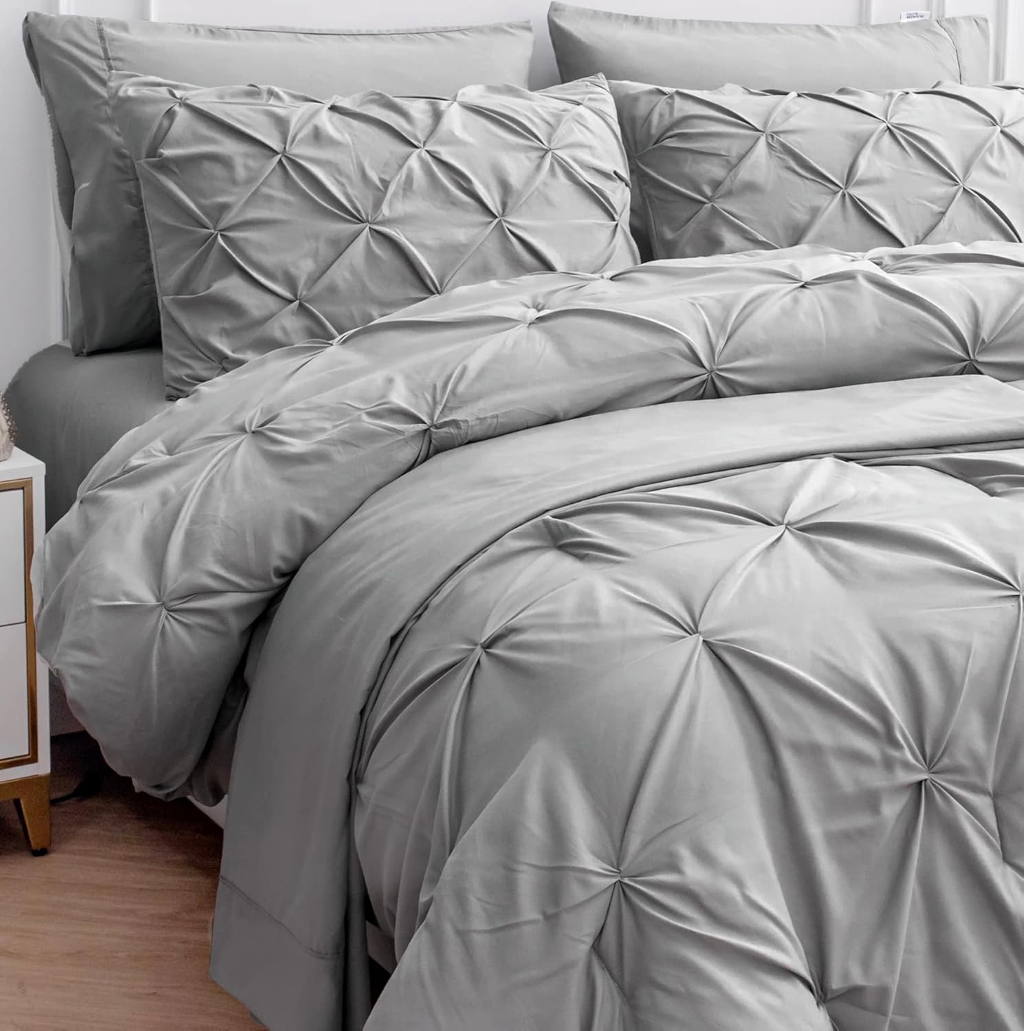 LANE LINEN 7 Piece Queen Comforter Set with Sheets, Pintuck Bedding Queen Size Set, Soft Bed in A Bag Queen, Pinch Pleated Queen Bed Set, Fluffy Queen Bedding Set with Pillowcases & Shams – Silver