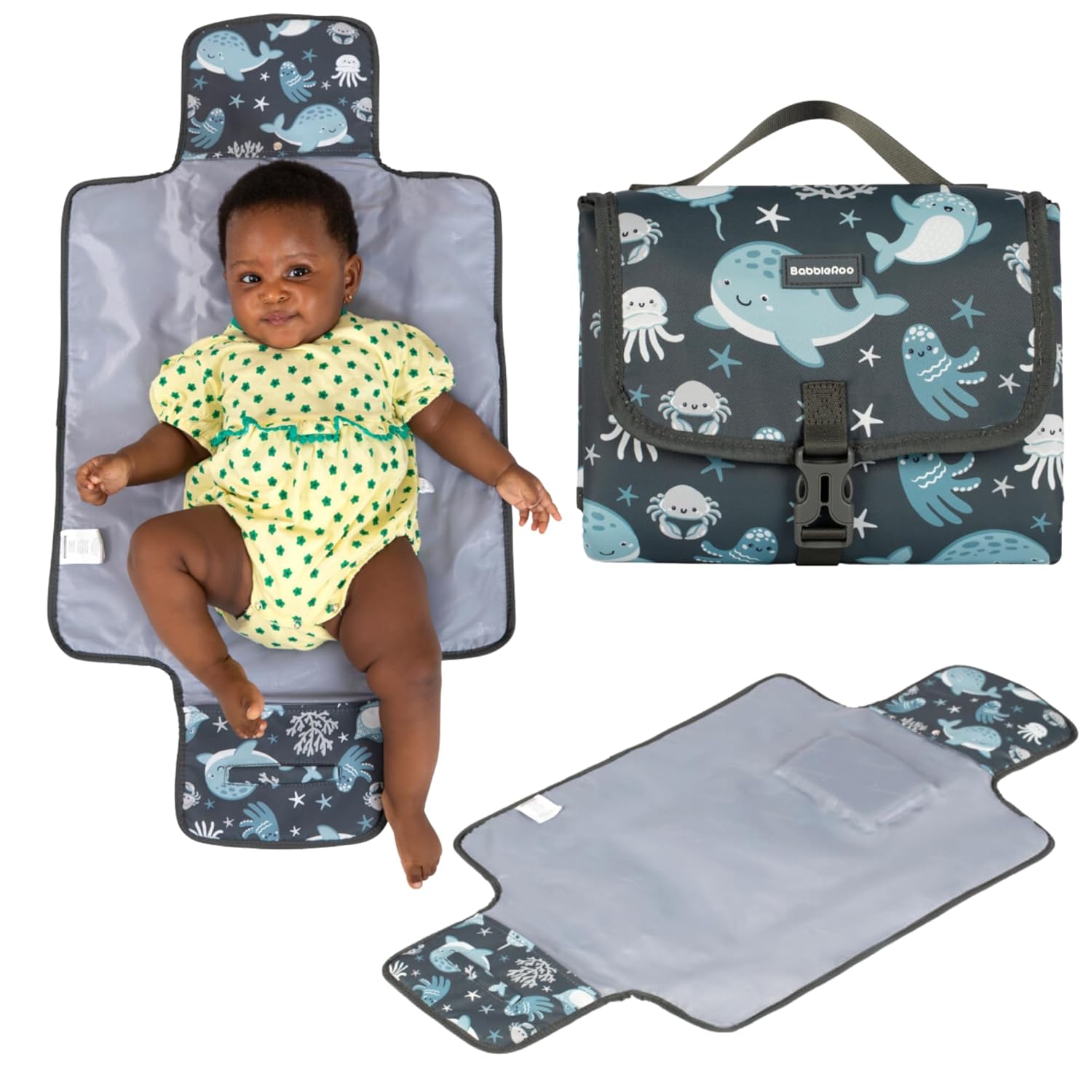 BabbleRoo Baby Changing Pad – Comfortable Portable Changing Pad, Compact, Fits in Any Diaper Bag – Lightweight and Soft with Cute Designs, Convenient Pockets, Extra Head Support – Sea Animals
