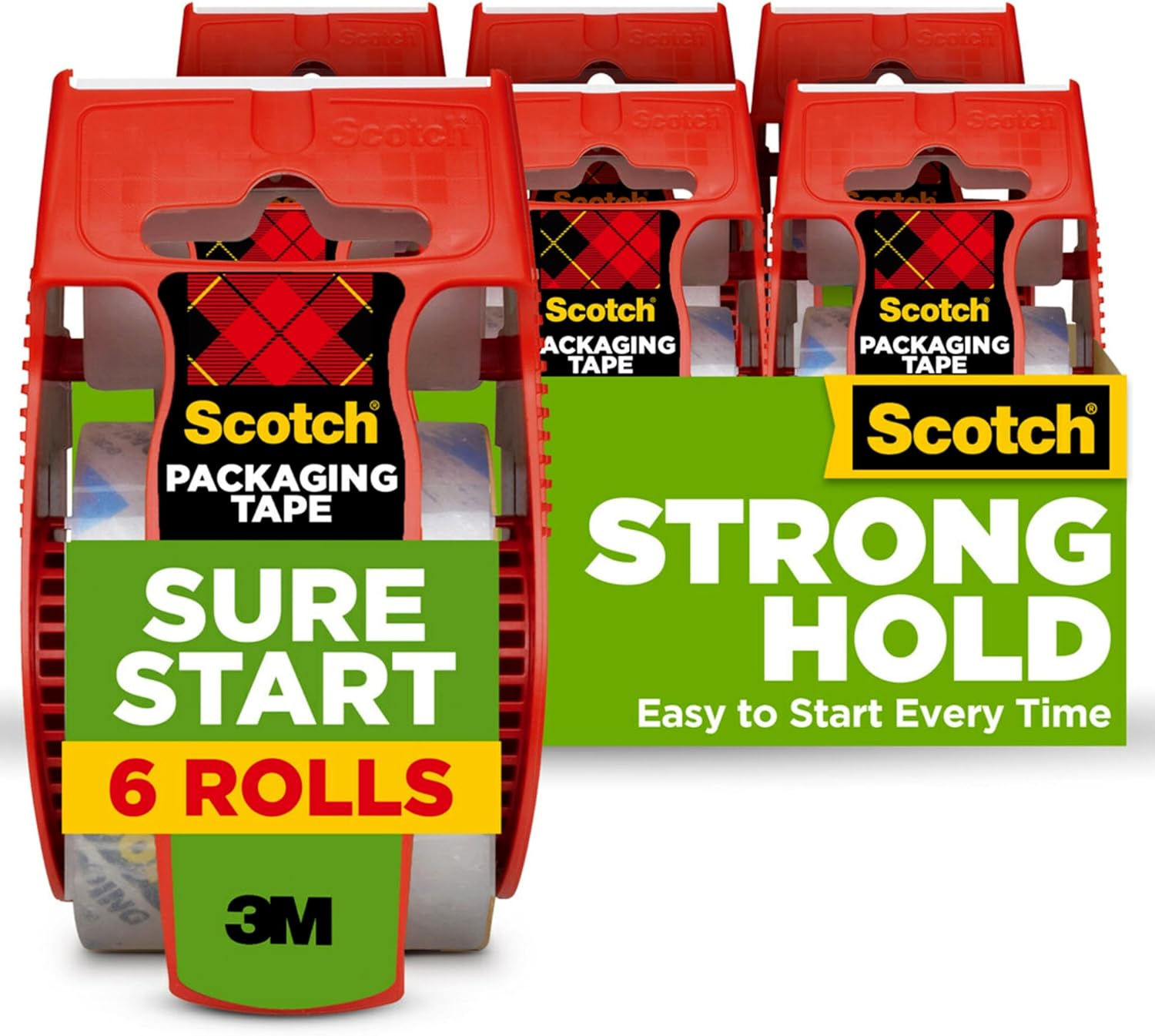 Scotch Sure Start Packing Tape, Clear, Quiet Unwind and Easy Start, 1.88 in. x 22.2 yd., 6 Tape Rolls with Dispensers