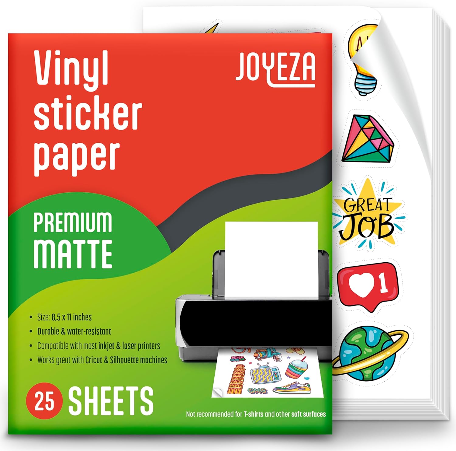 JOYEZA Premium Printable Vinyl Sticker Paper for Inkjet Printer – 25 Sheets Matte White Waterproof, Dries Quickly Vivid Colors, Holds Ink well- Tear Resistant – Inkjet & Laser Printer
