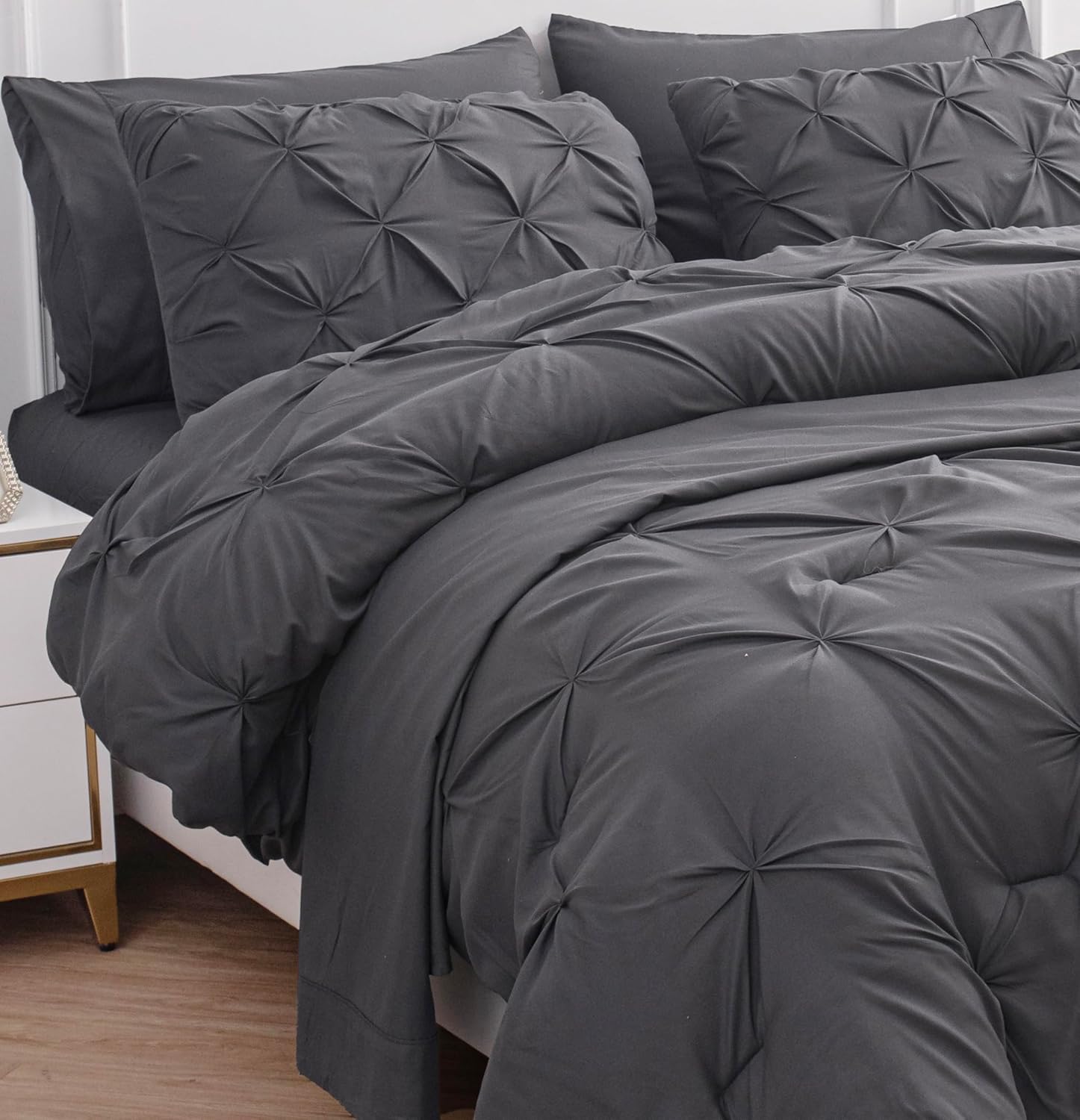 LANE LINEN Queen Size Comforter Set, 7 Piece Bedding Queen Size, Pintuck Comforters Queen Size Bed Set, Soft Queen Bed in a Bag Set, Queen Bed Comforter Set with Sheets, Pillowcases & Shams – Grey