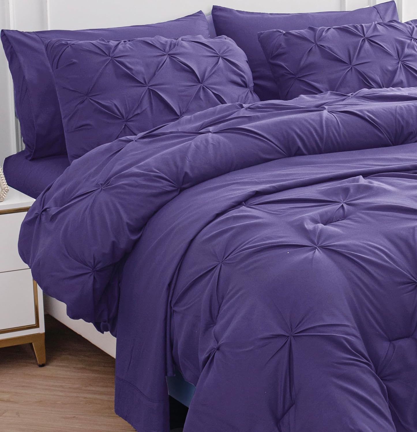 LANE LINEN Twin Comforter Set – 5 Pieces Pintuck Twin Bed in A Bag, Pinch Pleat Twin Bedding Sets with Comforters, Sheets, Pillowcases & Shams – Purple