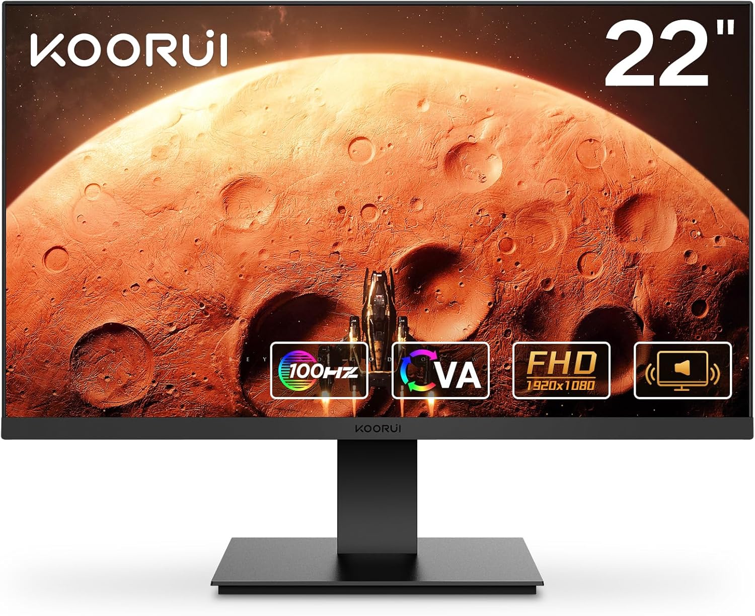KOORUI Monitor 22 Inch Gaming Monitor Full HD 1080P 100Hz PC Monitor VA Panel LCD Display with Speakers Adpitive sync (HDMI/VGA/VESA Compatible/Audio Out) S01
