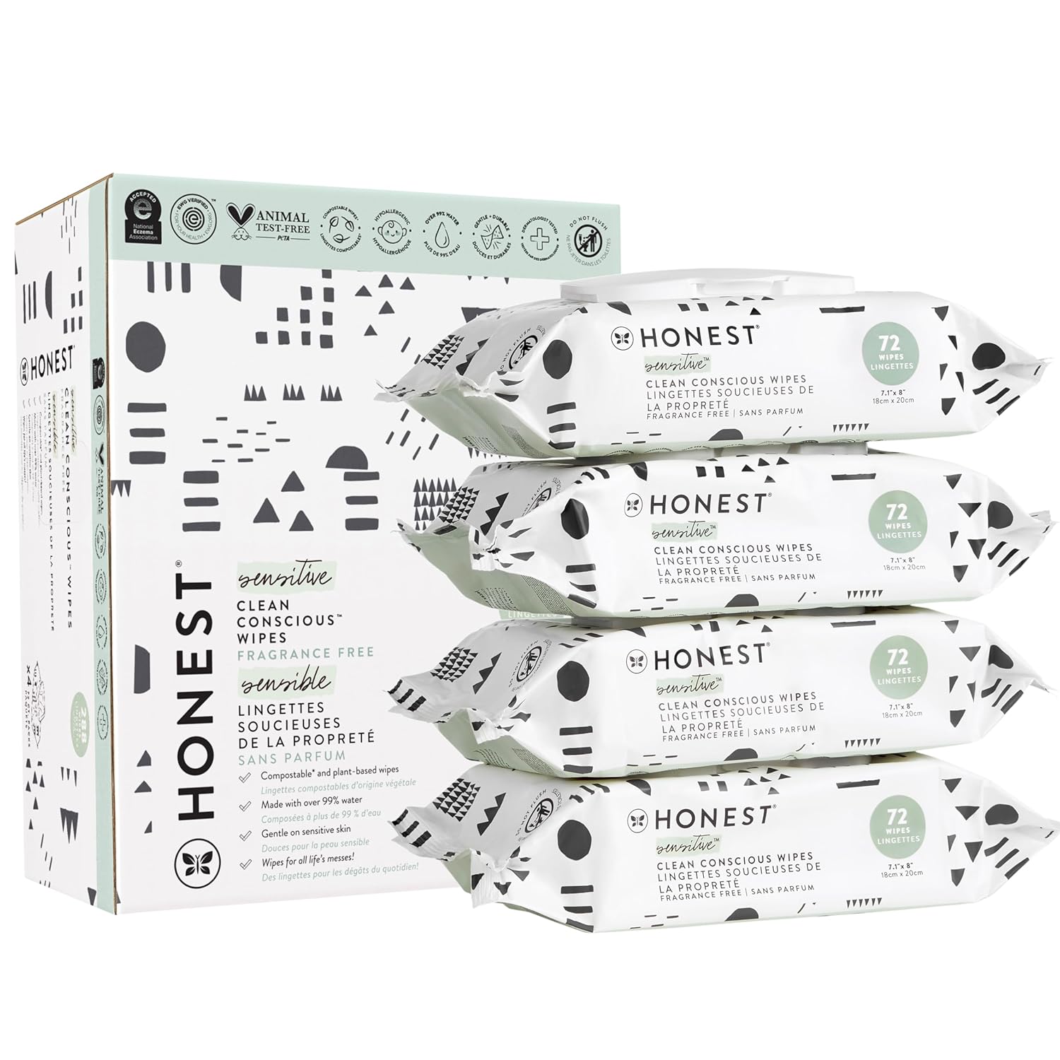 The Honest Company Clean Conscious Unscented Wipes | Over 99% Water, Compostable, Plant-Based, Baby Wipes | Hypoallergenic for Sensitive Skin, EWG Verified | Pattern Play, 288 Count