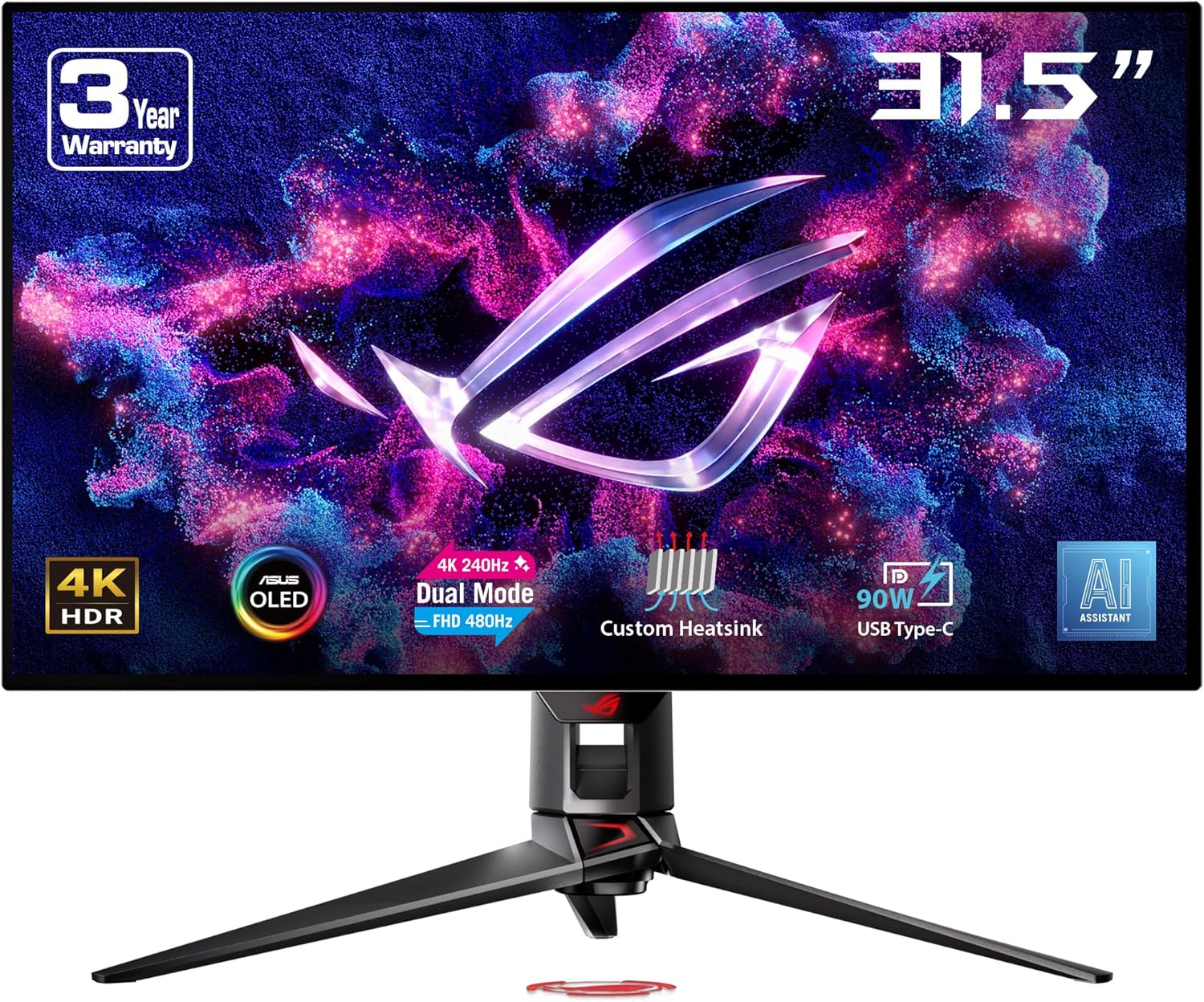 ASUS ROG Swift 32” 4K OLED Gaming Monitor (PG32UCDP) – WOLED, Dual Mode (4K 240Hz, FHD 480Hz), 0.03ms, G-SYNC Compatible, Custom Heatsink, AI Gaming, 99% DCI-P3,True 10-bit, USB-C 90W, 3yr Warranty