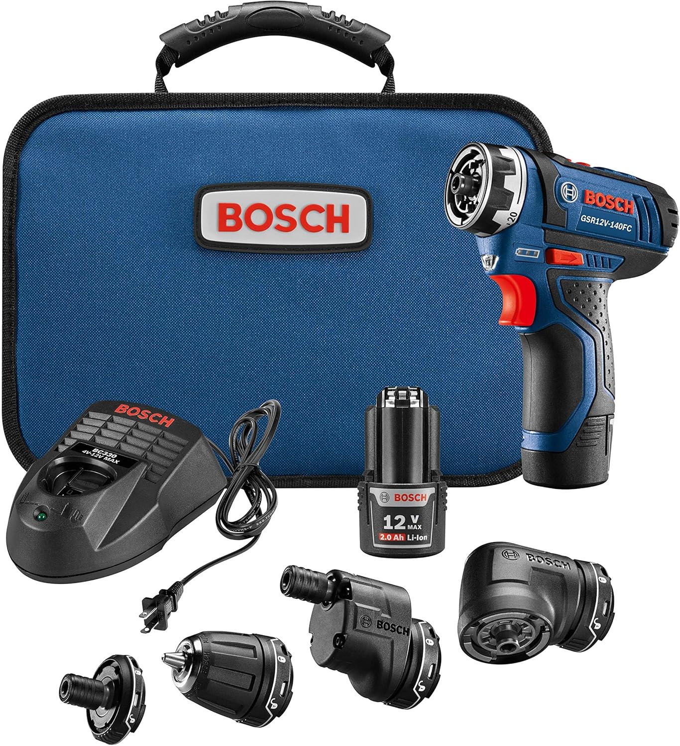 BOSCH 12V Max Cordless Power Drill Driver Kit with 5-In-1 Flexiclick System Multi-Head Drill Set with (2) 2 Ah Batteries (GSR12V-140FCB22)