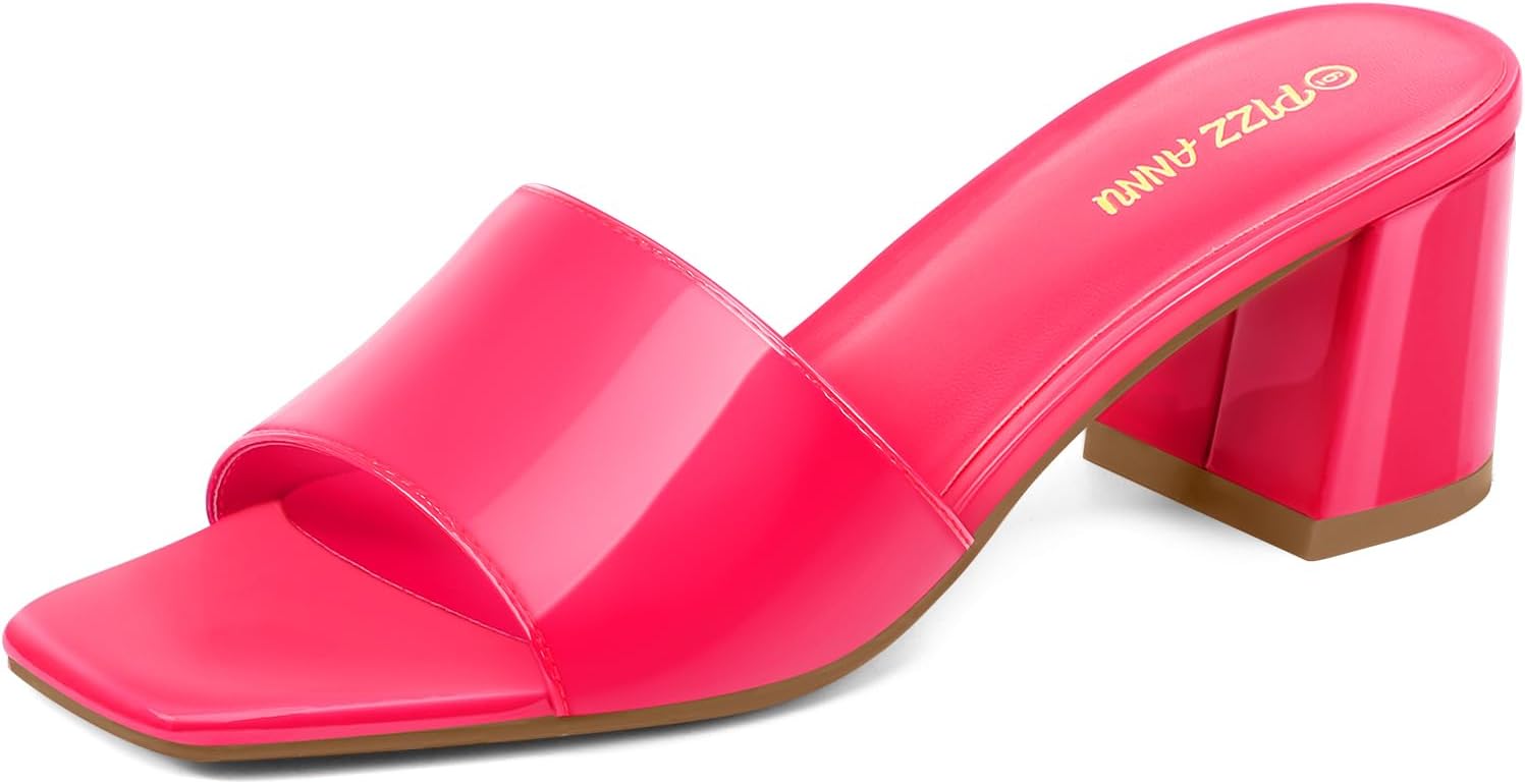 PIZZ ANNU Women’s Square Open Toe Heels Sandals Low Block Chunky Heeled Sandal Slip on Mules Comfortable Casual Dress Pumps Shoes