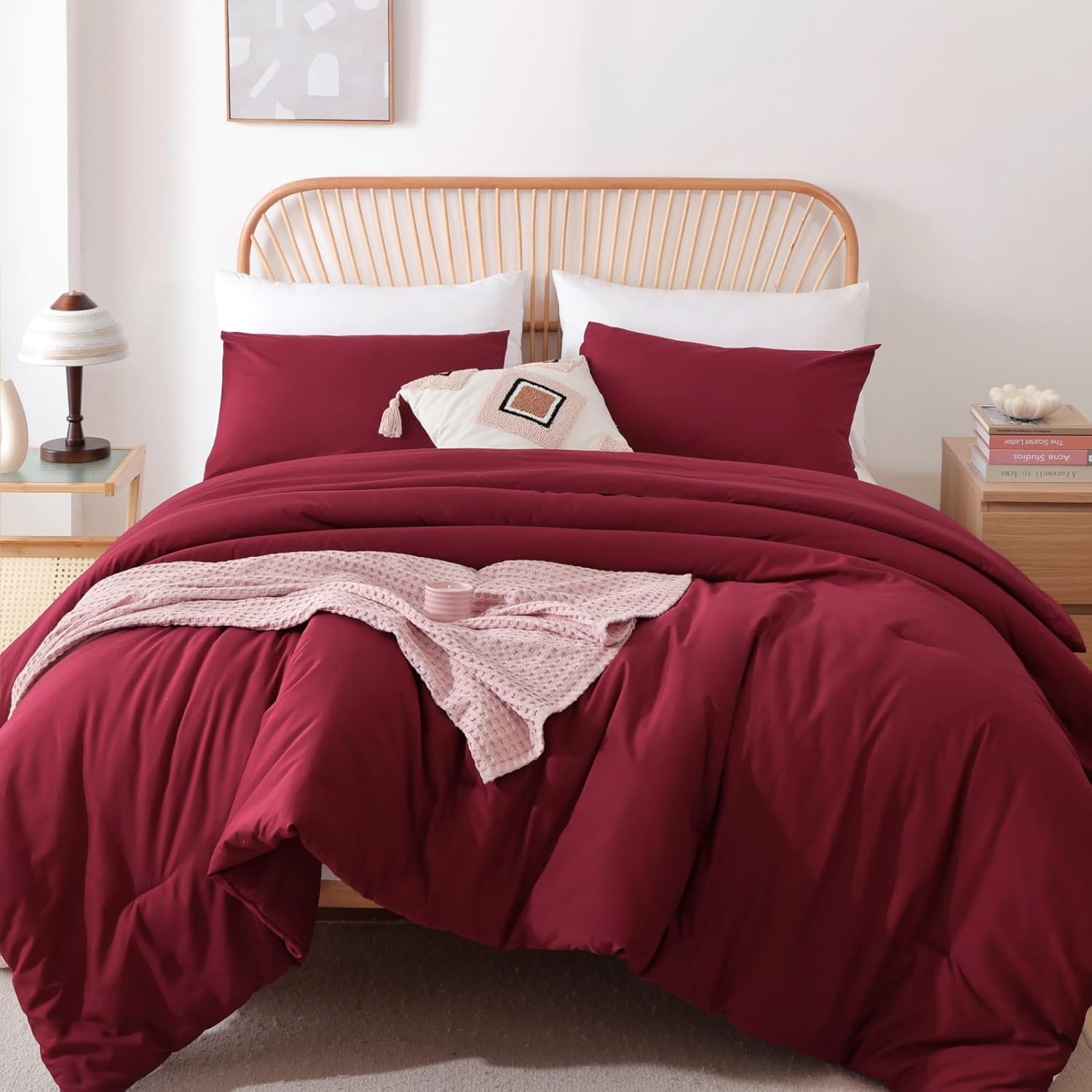 ROSGONIA California King Comforter Set Dark Red, 3pcs (1 Boho Red Cal King Comforter & 2 Pillowcases) All Season Lightweight Bedspread Bedding Blanket