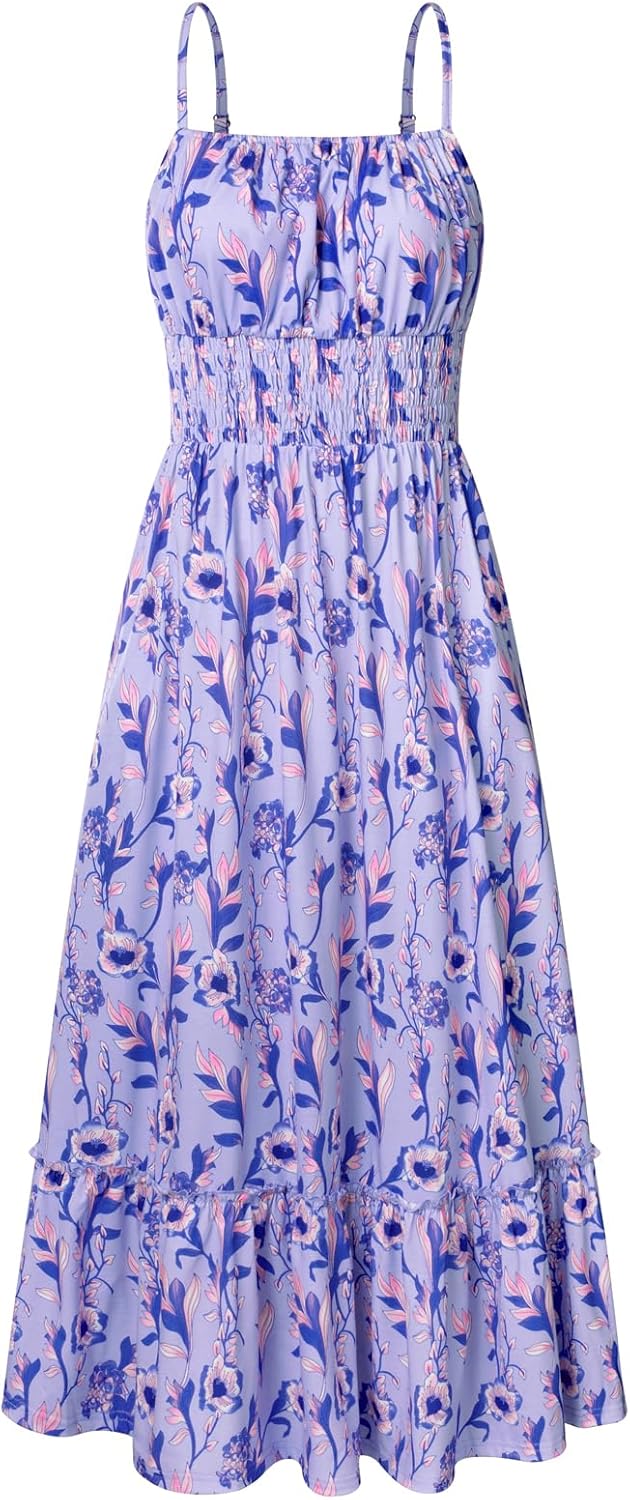 GRACE KARIN Womens 2025 Summer Maxi Dress Sleeveless Floral Spaghetti Strap Smocked Boho Beach Long Dress with Pockets