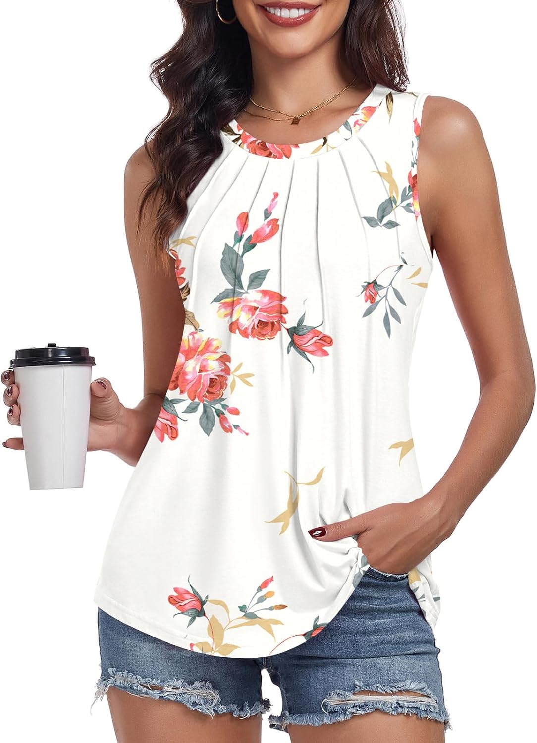 syoss Women’s Summer Tank Tops Pleated Round Neck Sleeveless Tops