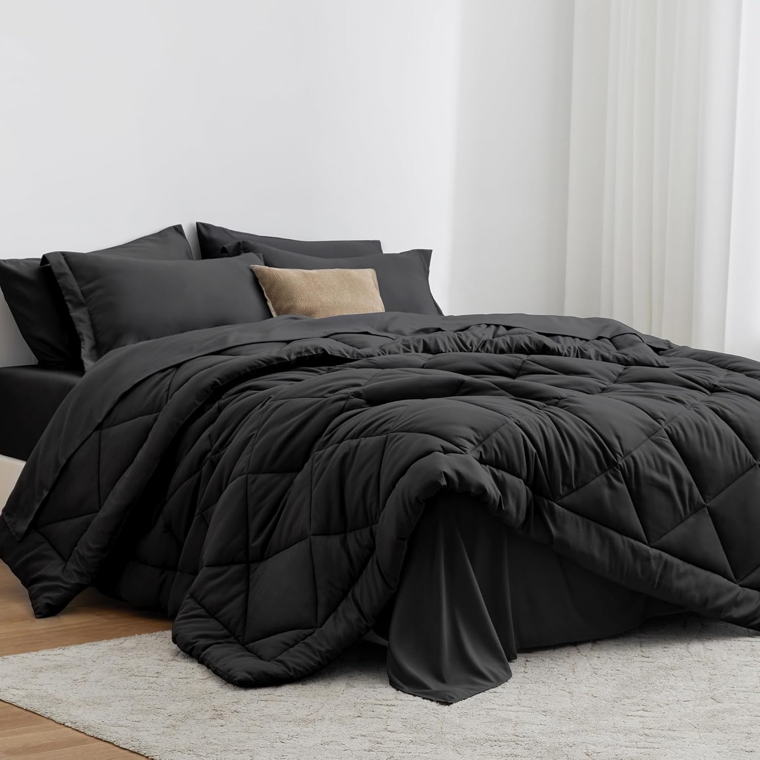Love’s cabin King Size Comforter Set Black, 7 Pieces King Bed in a Bag, All Season Bedding Sets with 1 Comforter, 1 Flat Sheet, 1 Fitted Sheet, 2 Pillowcase and 2 Pillow Sham