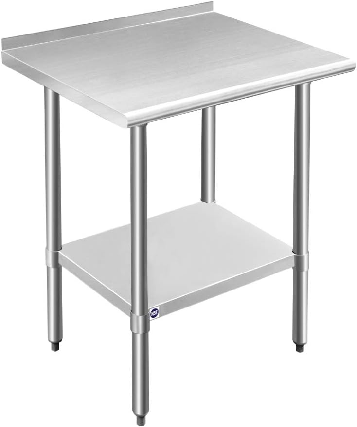 ROCKPOINT Stainless Steel Table for Prep & Work with Backsplash 24×30 Inches, NSF Metal Commercial Kitchen Heavy Duty Table with Adjustable Under Shelf and Table Foot for Restaurant, Home and Hotel