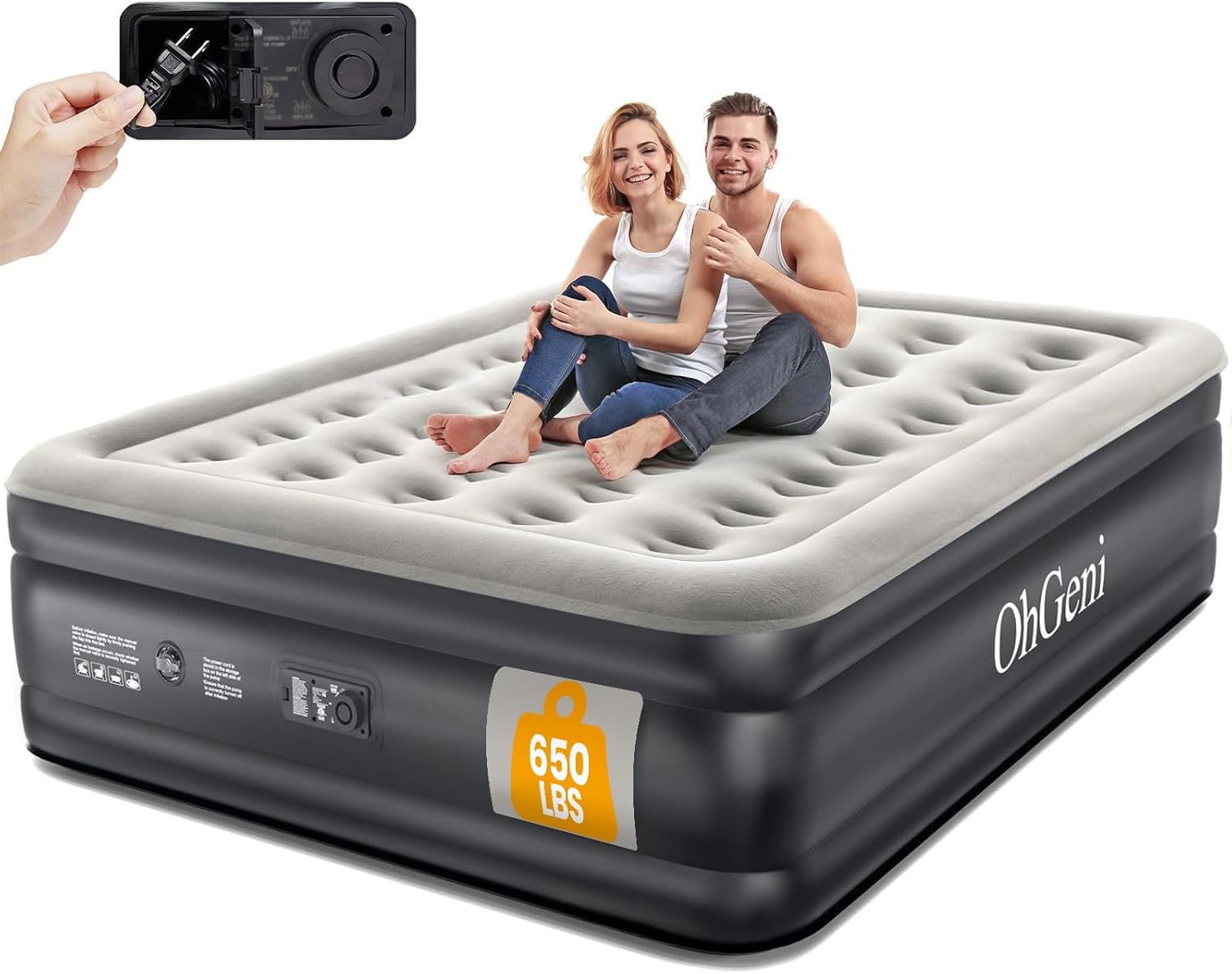 OhGeni Queen Air Mattress with Built in Pump, 18 Raised Comfort Inflatable Mattress, Quiet Surface Portable Blow Up Mattress, Air Bed for Home and Guest, Colchone Inflable, 650 lbs Max