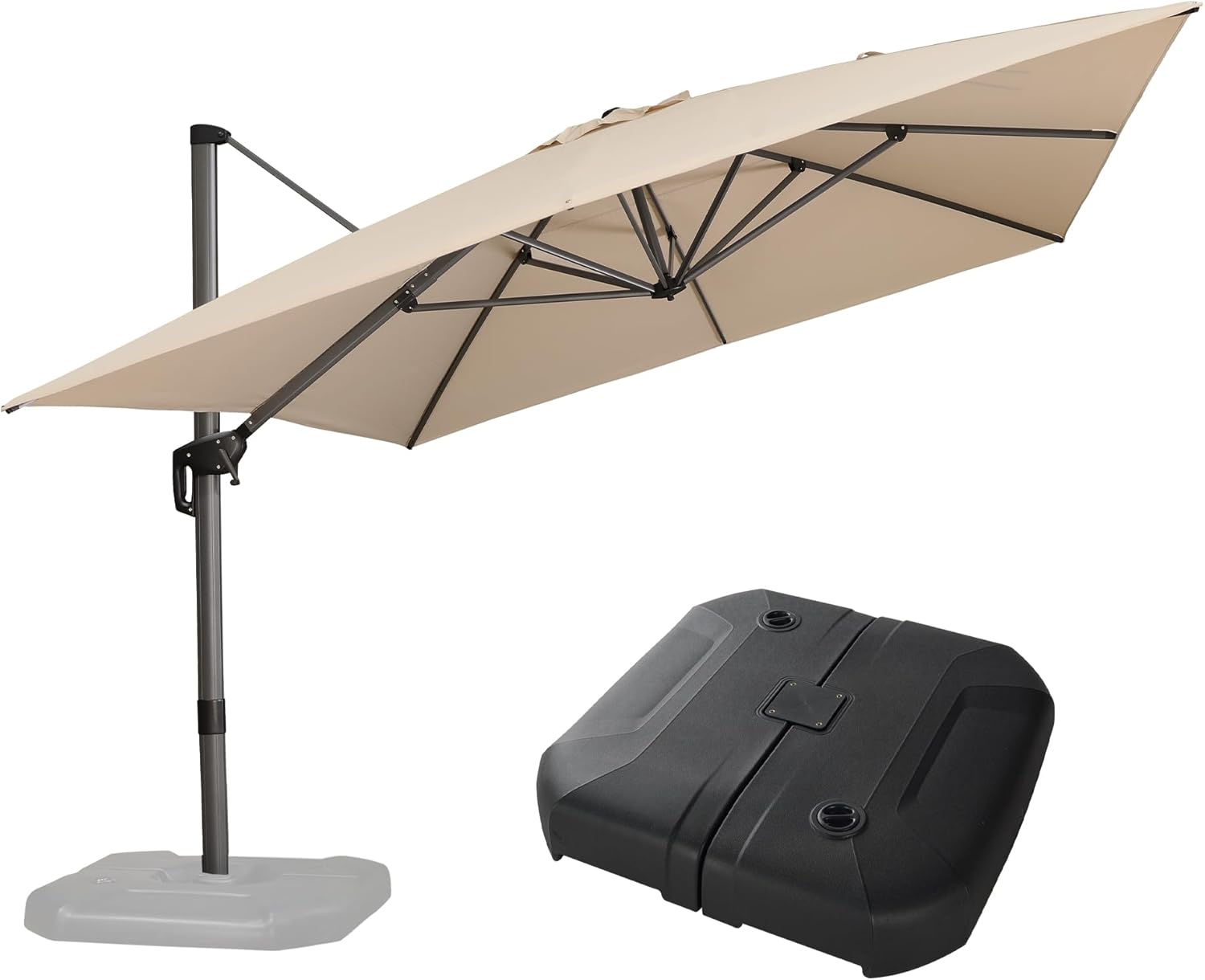 PURPLE LEAF 10′ X 13′ Patio Umbrella with Base Outdoor Cantilever Rectangle Umbrella Aluminum Offset Umbrella with 360-degree Rotation for Garden Deck Pool Patio Beige