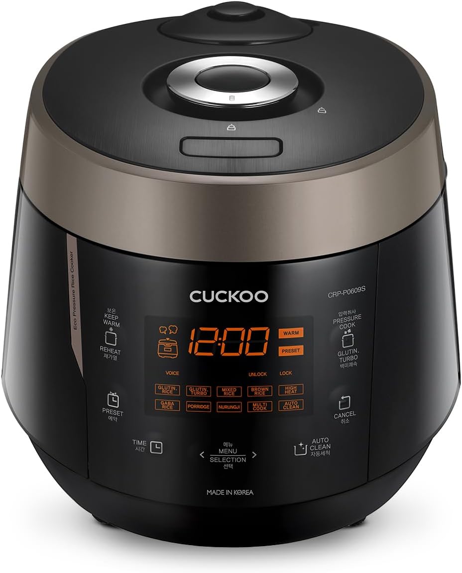 Cuckoo High 6 Cup Electric Heating Pressure Rice Cooker & Warmer – 12 Built-in Programs Including Glutinous (White), Mixed, Brown, GABA, Black Copper