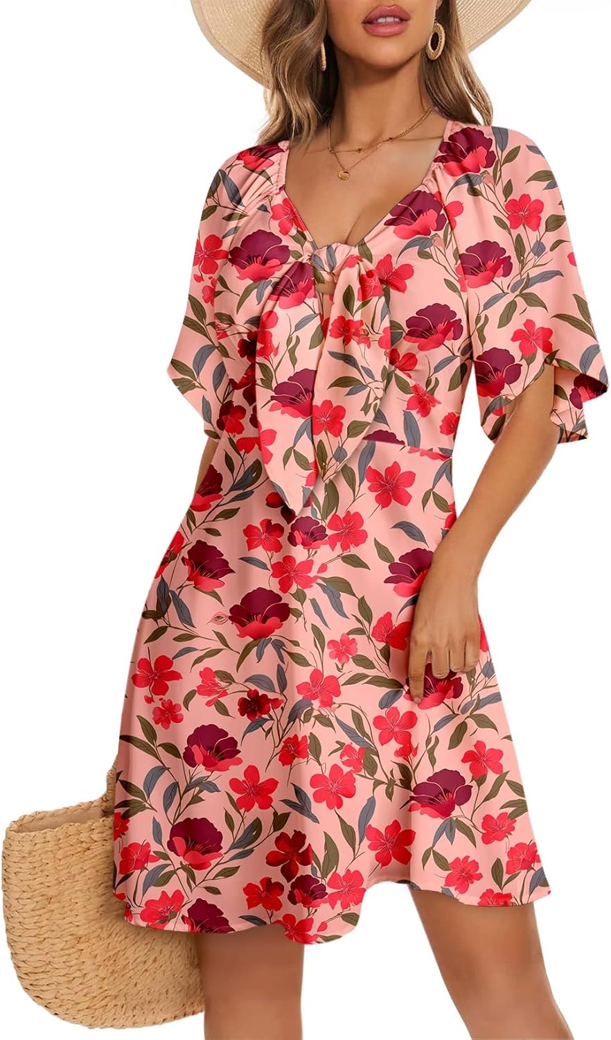 Dokotoo Womens Dresses 2025 Summer Fall Deep V Neck Elegant Bow tie Mini Dress S-XL