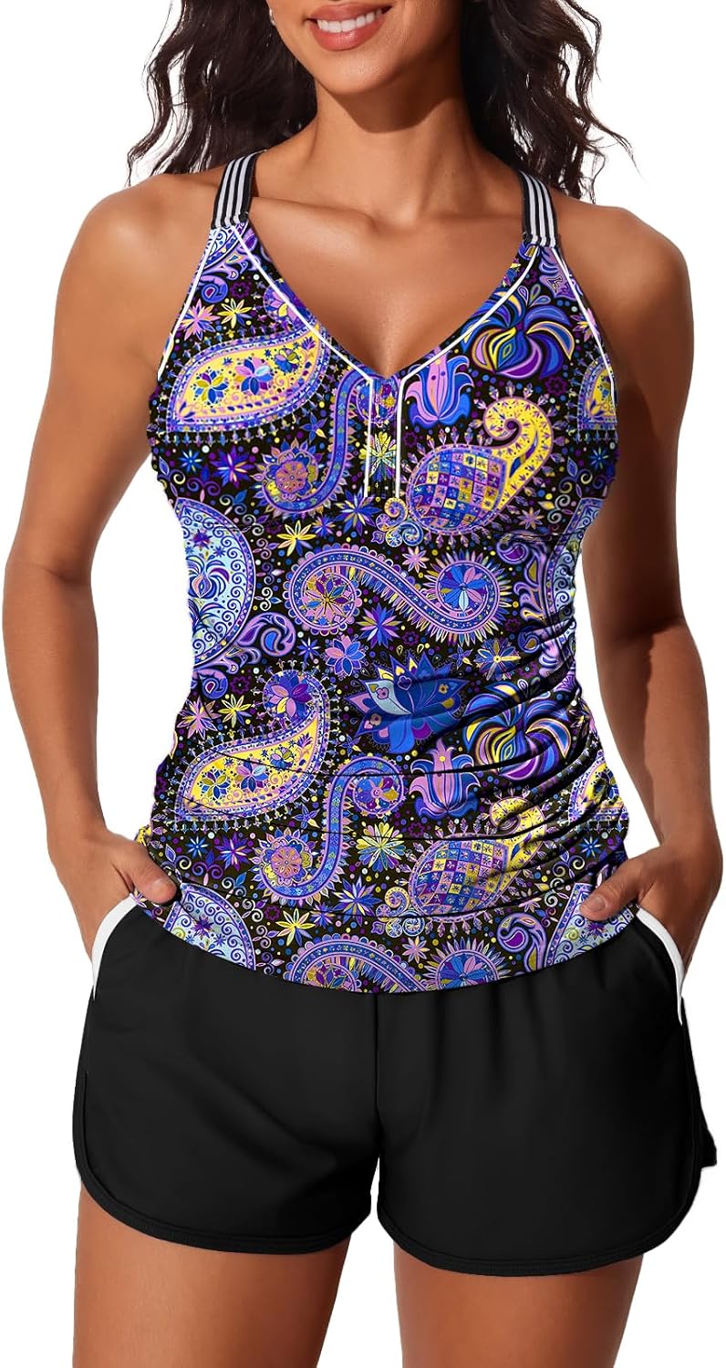 Summer Mae Modest Tankini Swimsuits for Women 2025 Two Piece Bathing Suits with Sporty Pockets Boy Shorts for Tummy Control